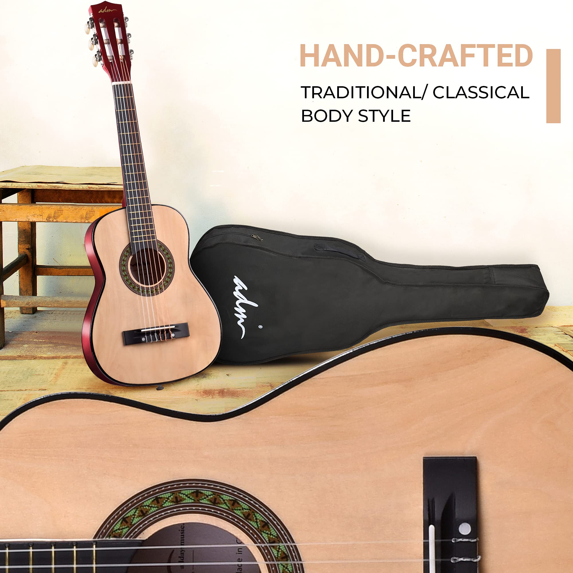 ADM 30 Inch Beginner Acoustic Classical Guitar with Nylon Strings - Wooden Guitar Bundle Kit for Kids, Boys, Girls & Students (Includes Gig Bag, Strap, Tuner, Extra Strings, Picks) - Perfect for Home Practice, Music Lessons & Youth Performances
