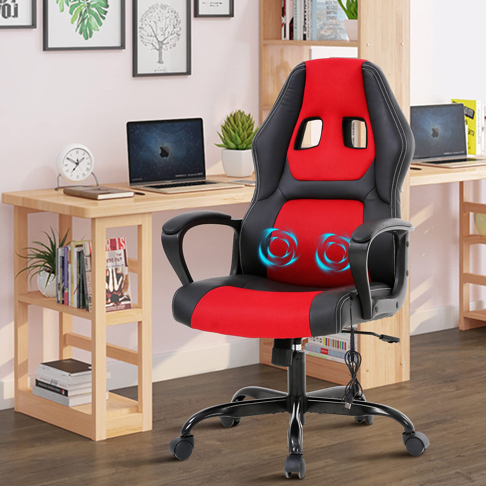 Ergonomic Gaming Chair with Massage & Lumbar Support - PU Leather Office Computer Chair with Adjustable Headrest & Armrests - Modern Swivel Rolling Task Chair for Home & Office Workspace - Perfect for Gaming, Working, and Relaxing (Red)
