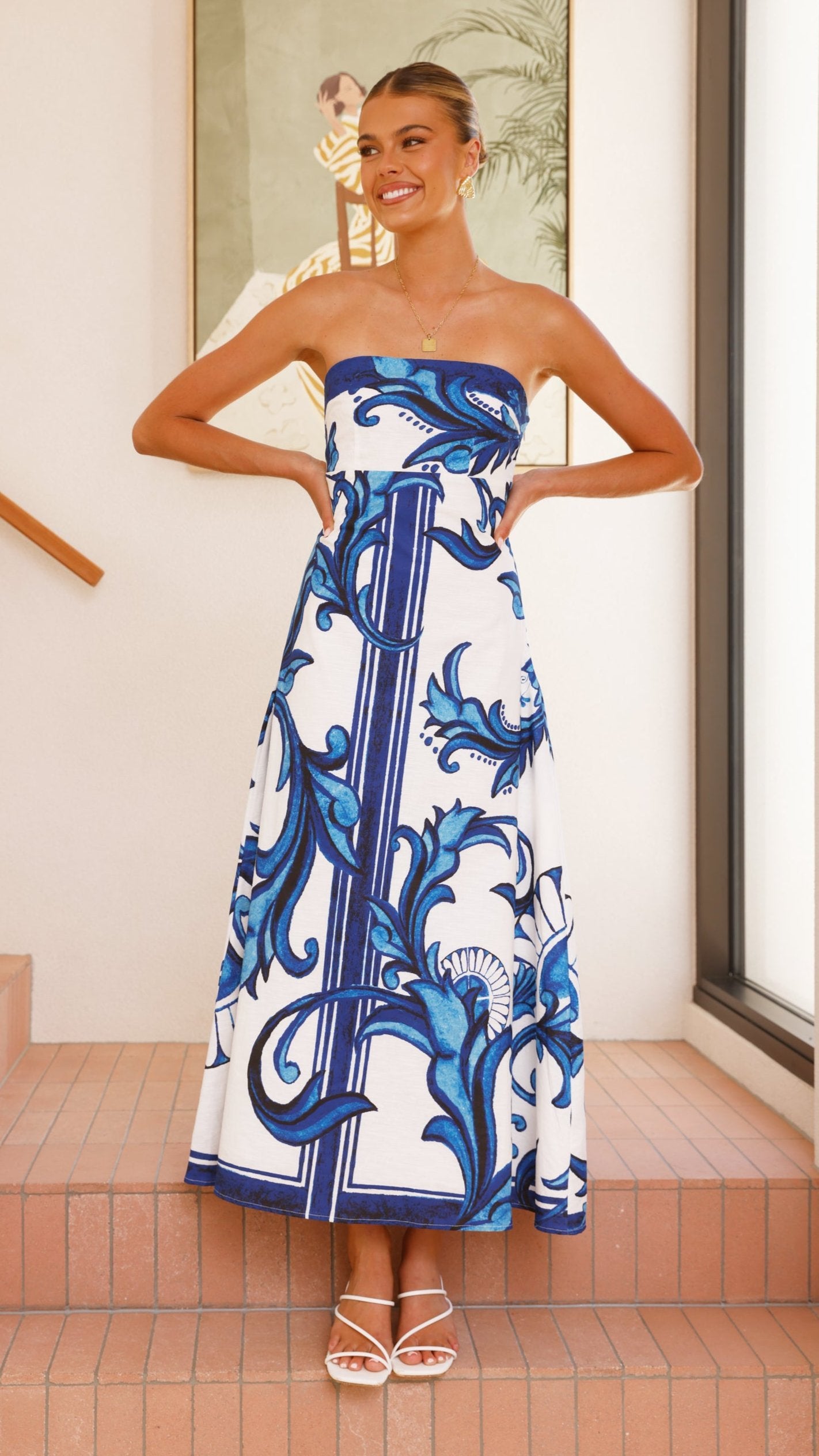 Madra Maxi Dress for Women - Elegant Sapphire & White Zayna Pattern - Perfect for Beach Vacations, Summer Parties & Boho Fashion