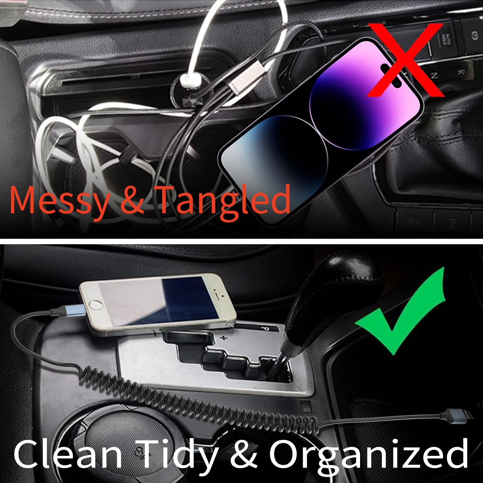 MFi Certified 2-Pack Retractable Coiled Lightning Cable for Car - 3FT USB to Lightning Charger Cord Compatible with iPhone 14/13/12/11/8/7/Plus/6S, iPad & iPod - Perfect for Apple CarPlay & Safe Driving Charging
