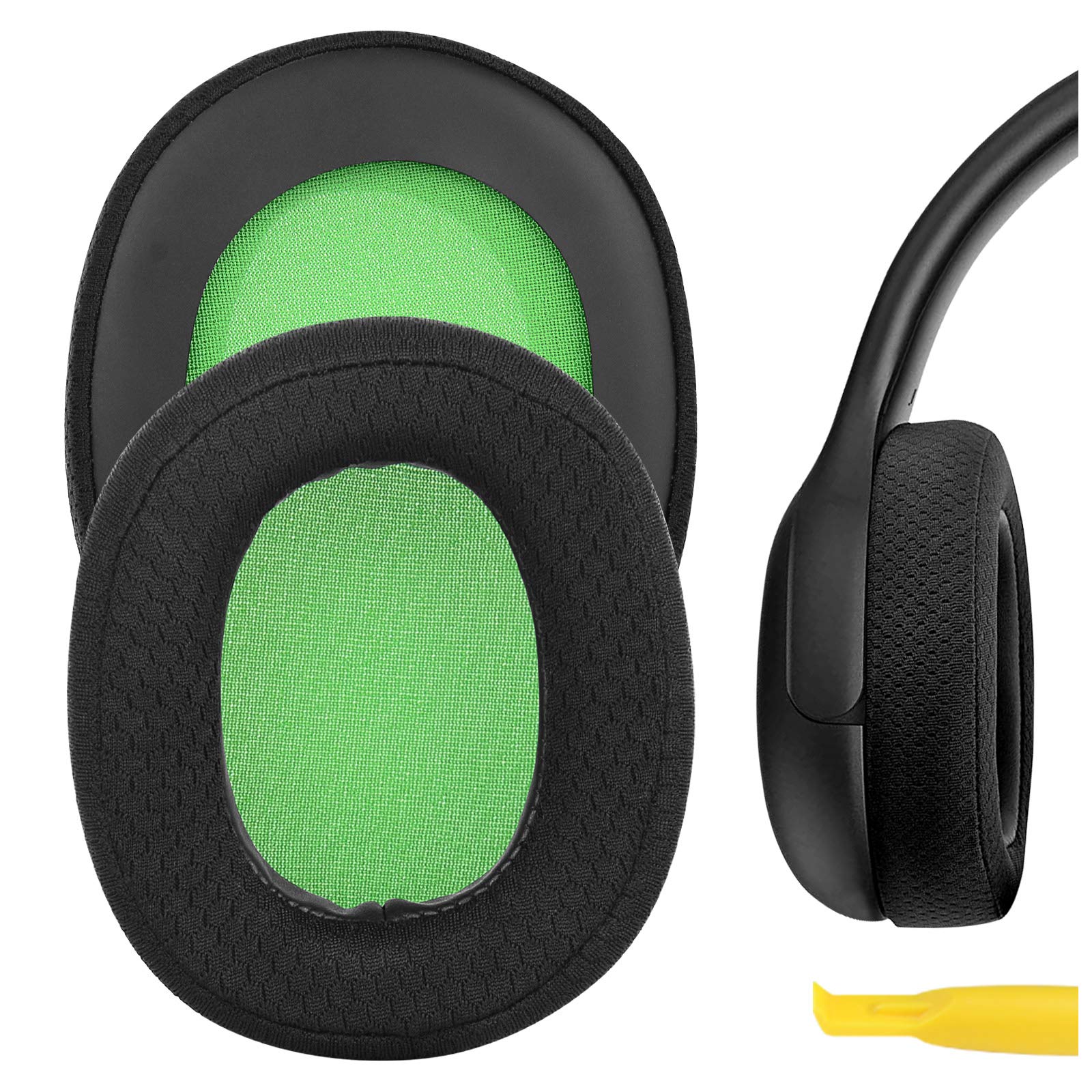 Geekria Comfort Mesh Fabric Replacement Ear Pads for PDP Gaming LVL30 & LVL40 Wired Headphones - Breathable Gaming Headset Earpads with Noise Isolation - Perfect for Long Gaming Sessions & Office Work (Black Green)