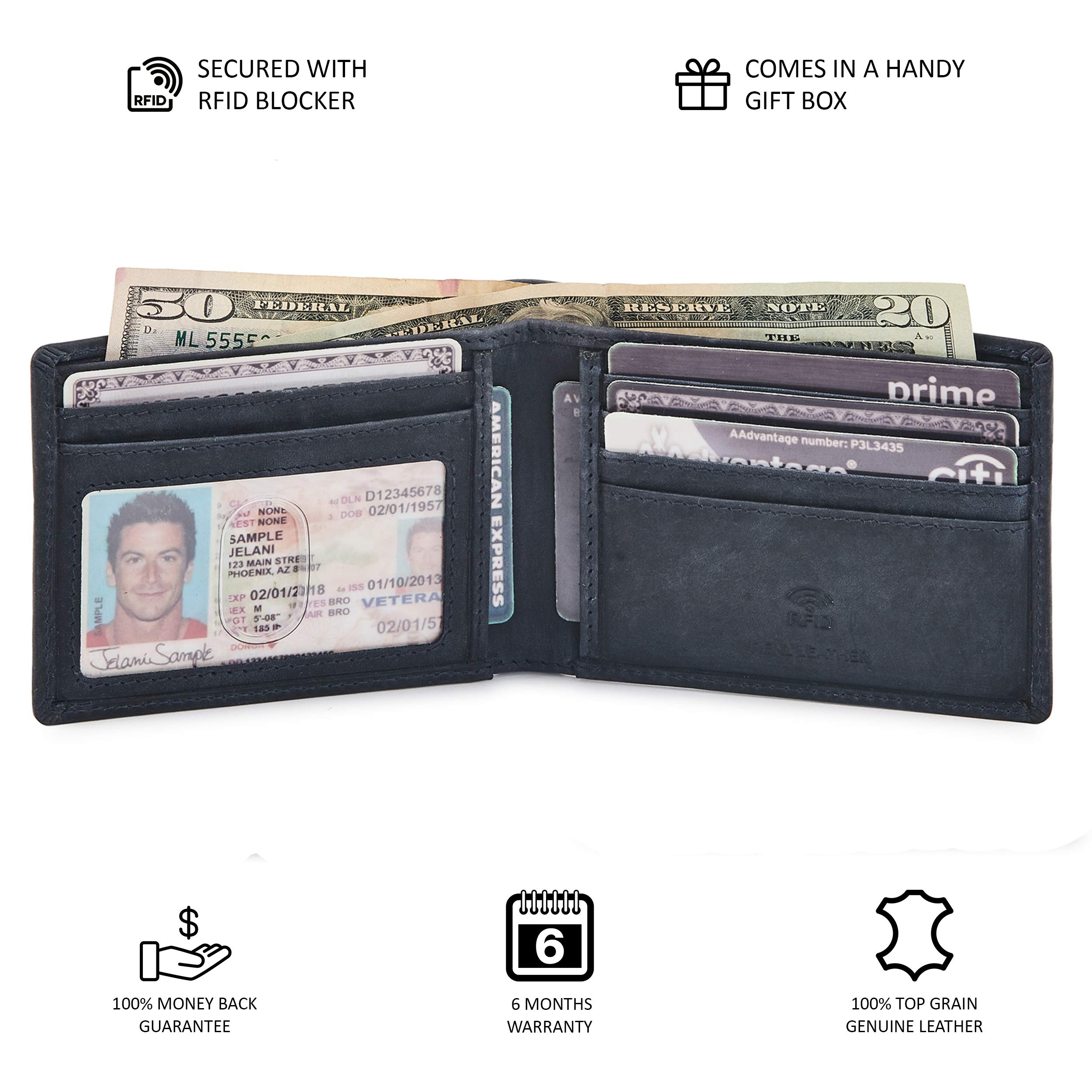 Genuine Leather Men's RFID Blocking Bifold Wallet - Slim Minimalist Front Pocket Design with ID Window | Thin & Stylish Gift Box (Crazy Horse, Navy) - Perfect for Everyday Carry, Travel & Business