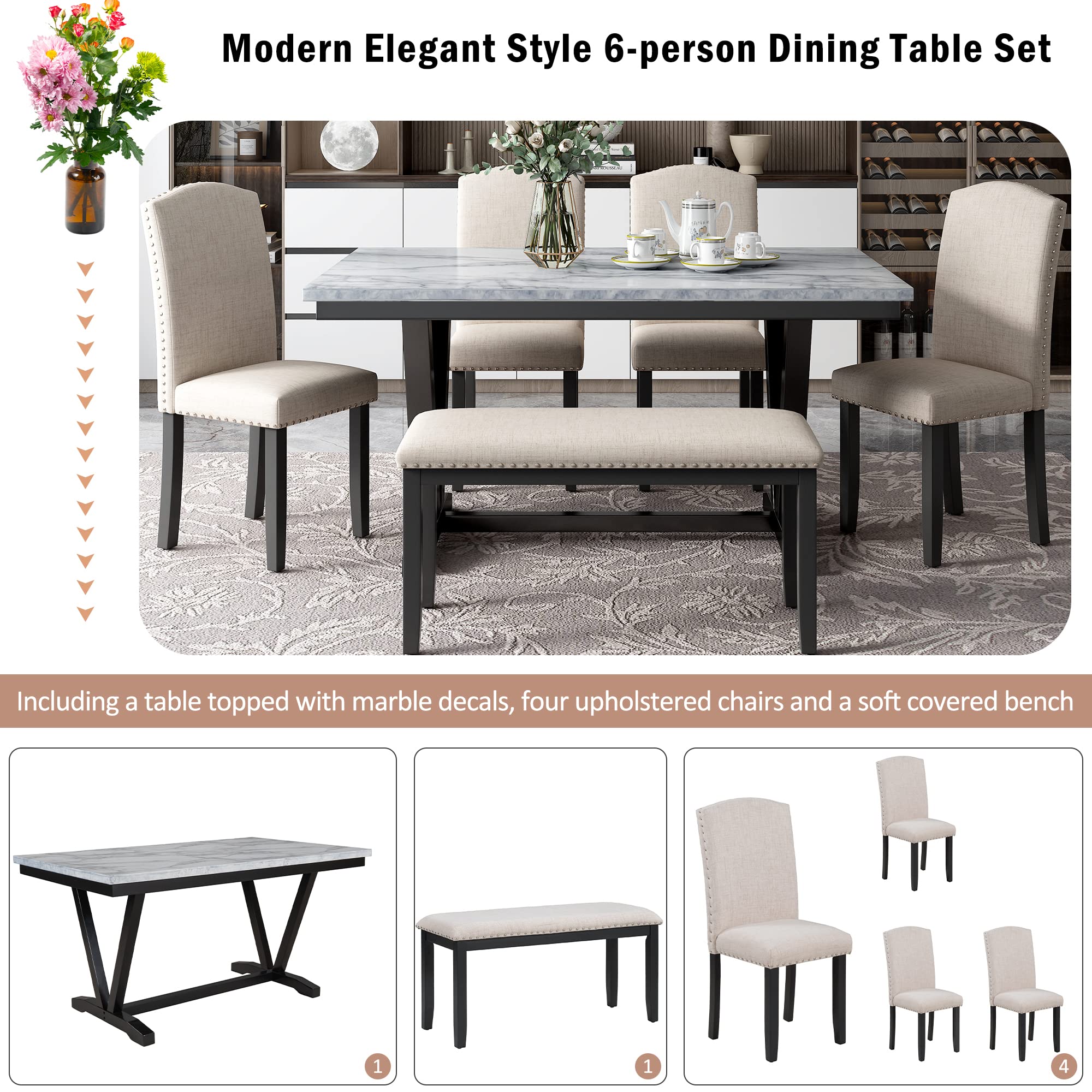 Yoglad 6-Piece White Dining Table Set with 60