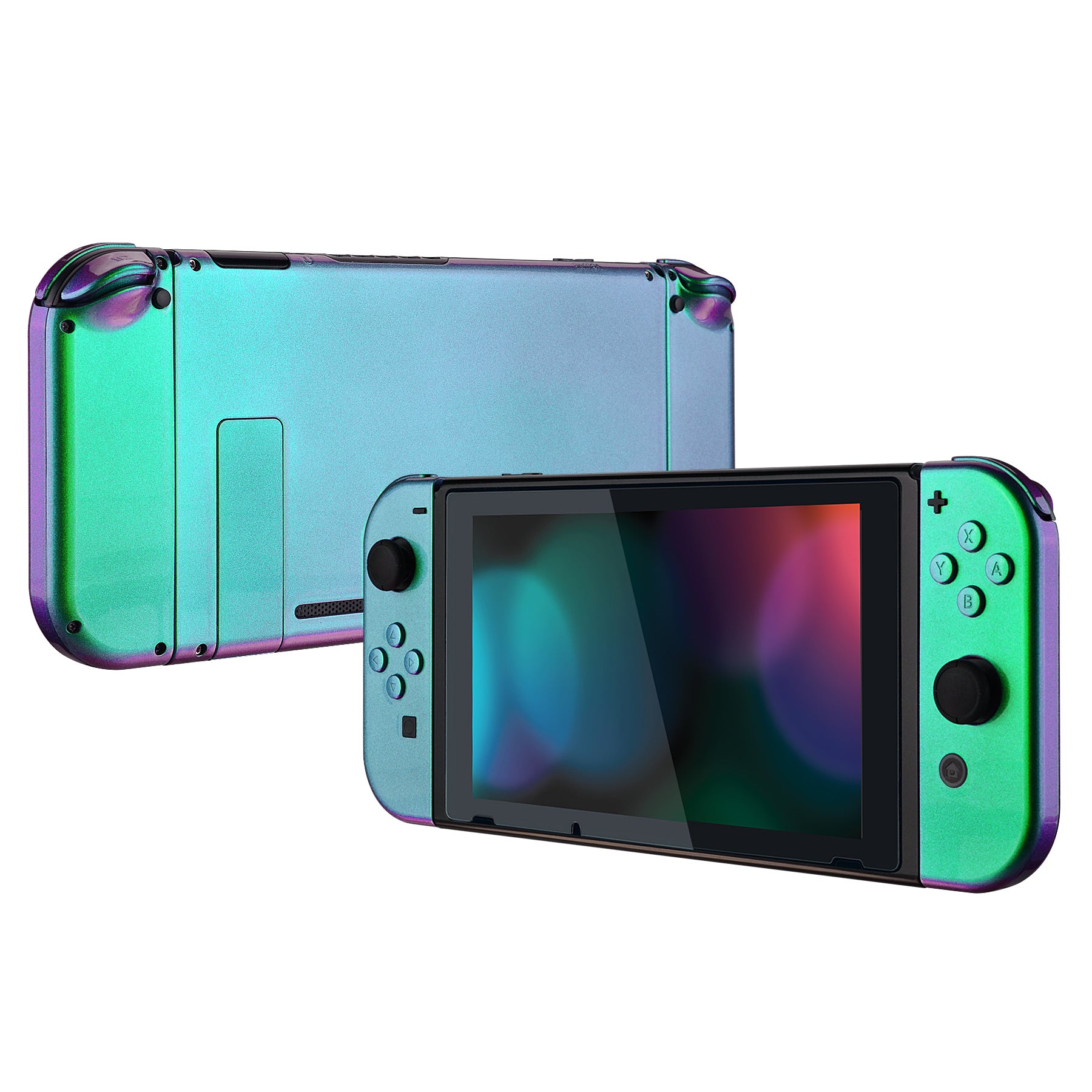 eXtremeRate Glossy Back Plate Replacement Shell for Nintendo Switch & Joy-Con Controllers - Chameleon Green Purple (QP311) | DIY Custom Housing with Full Button Set | Perfect for Gaming Enthusiasts & Console Modders
