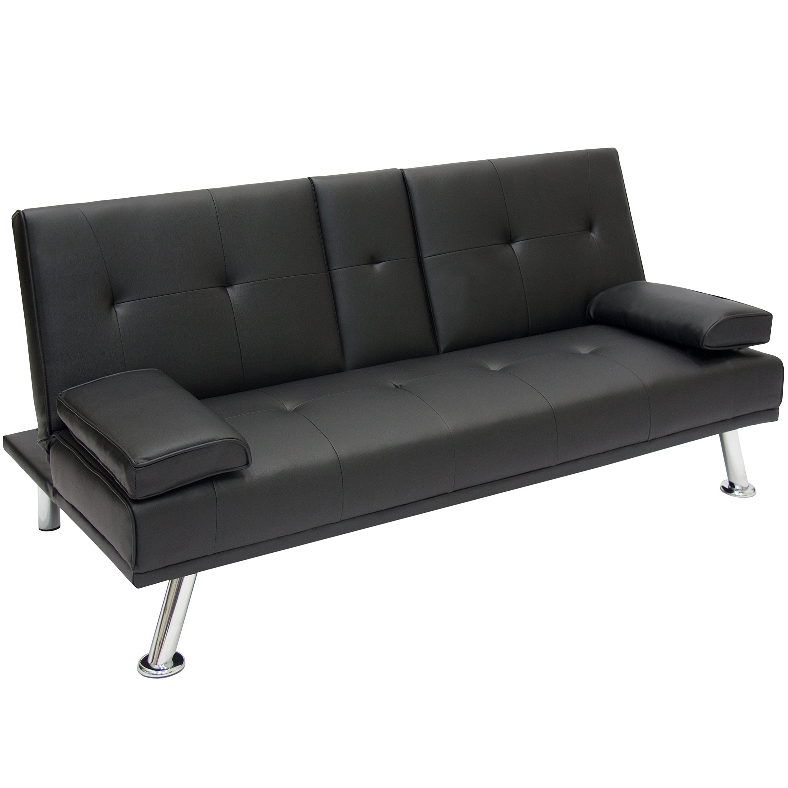 Modern Black Convertible Futon Sofa Bed - Foldable Recliner with Armrests & Cup Holders | Sleeper Couch for Living Room, Guest Room & Small Spaces | Includes Free Expert Setup Guide | Perfect for Apartments, Dorms & Home Theater Seating