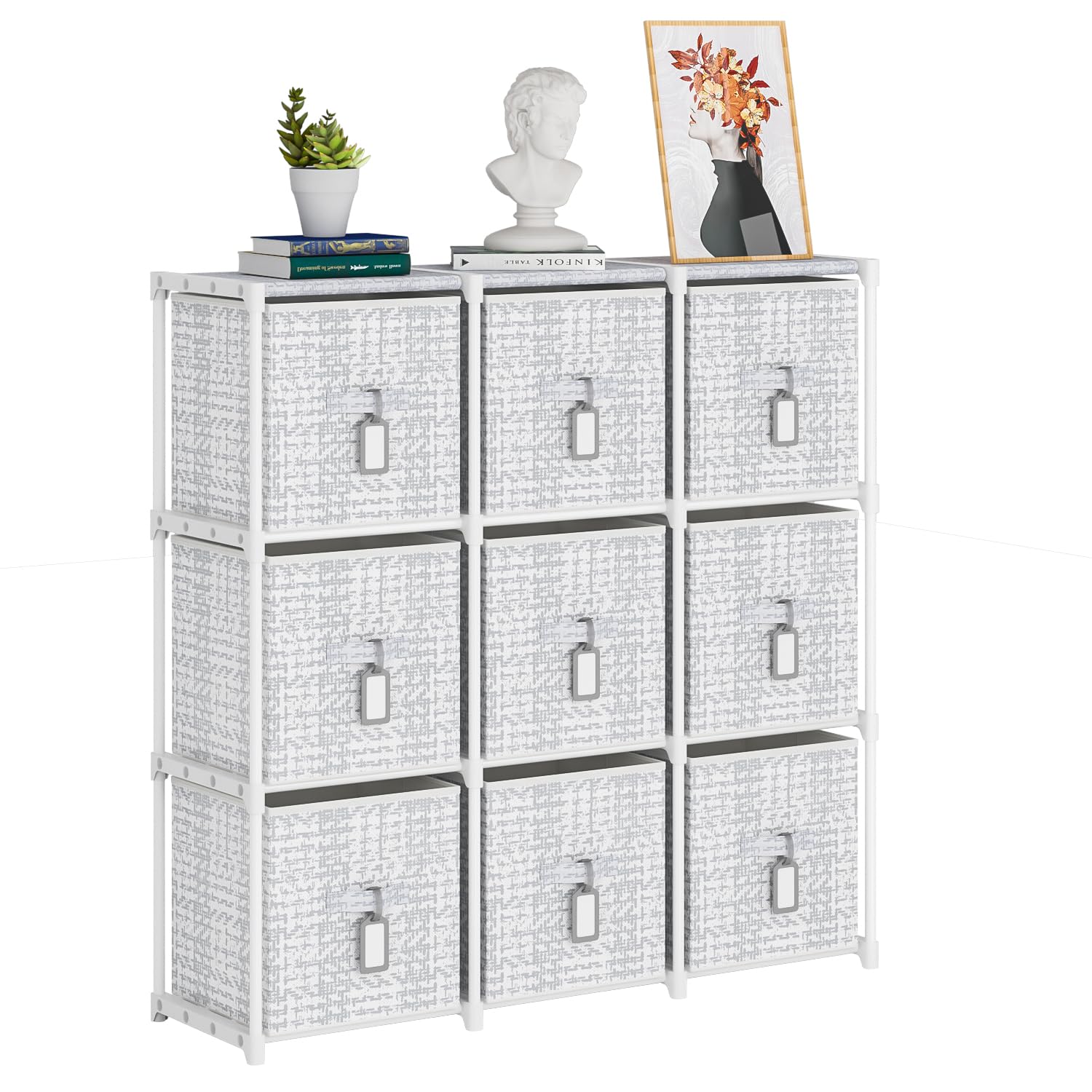 9 Cube Storage Organizer with Printed Drawers - White Toy Cubby Shelf for Kids Room, Closet, Living Room & Dorm - Perfect for Organizing Toys, Books & Home Decor