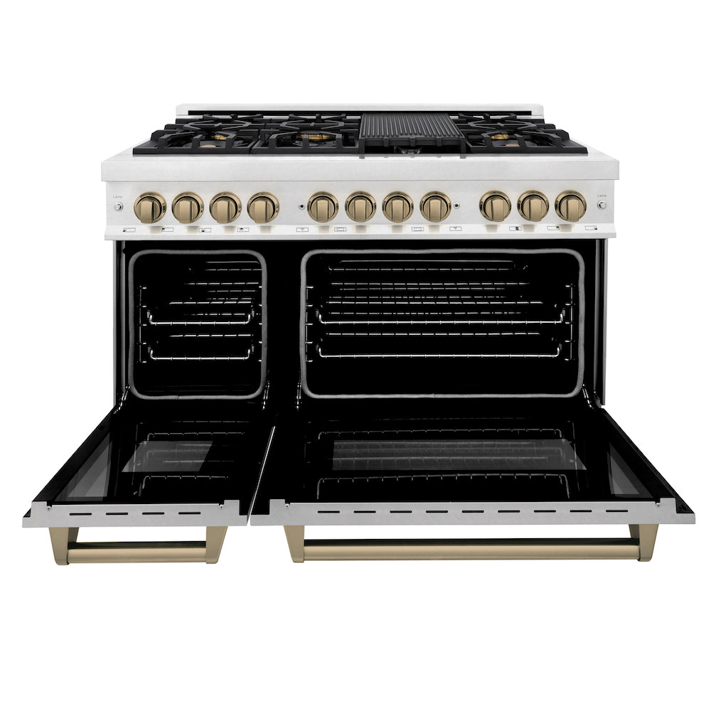 ZLINE Autograph Edition 48-inch 6.0 cu. ft. Dual Fuel Range with 7-Burner Gas Cooktop & 2 Electric Ovens - Satin Stainless Steel with Champagne Bronze Accents (RASZ SN 48 CB) | Professional Kitchen Appliance for Home Chefs & Cooking Enthusiasts