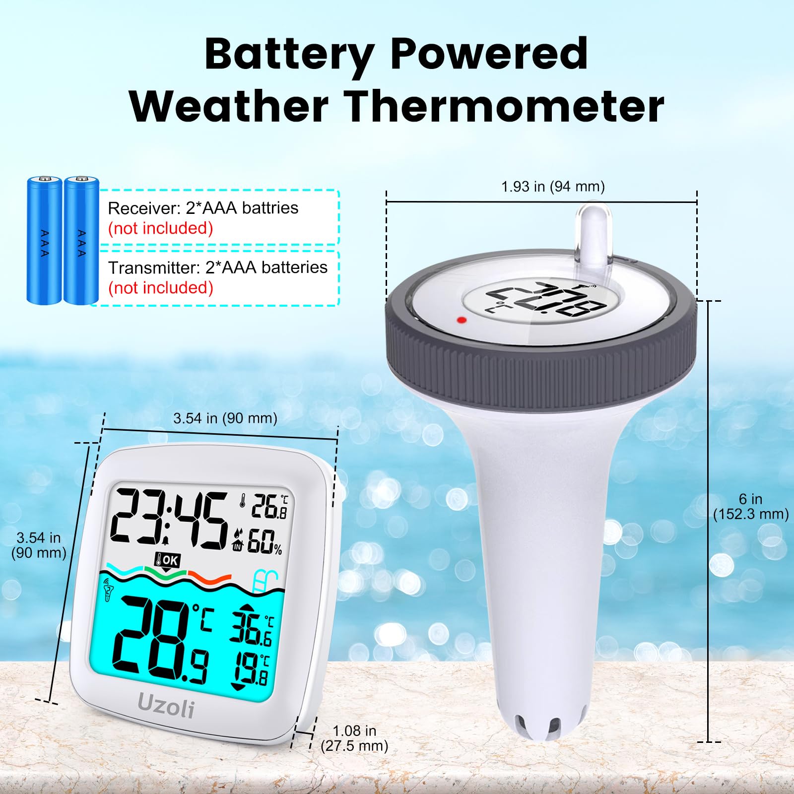 **Uzoli Wireless Floating Pool Thermometer - Easy Read Digital Thermometer with Indoor/Outdoor Temperature & Humidity Monitor for Swimming Pools, Hot Tubs, Ponds, Baths & Spas - Perfect for Home, Backyard & Spa Relaxation**