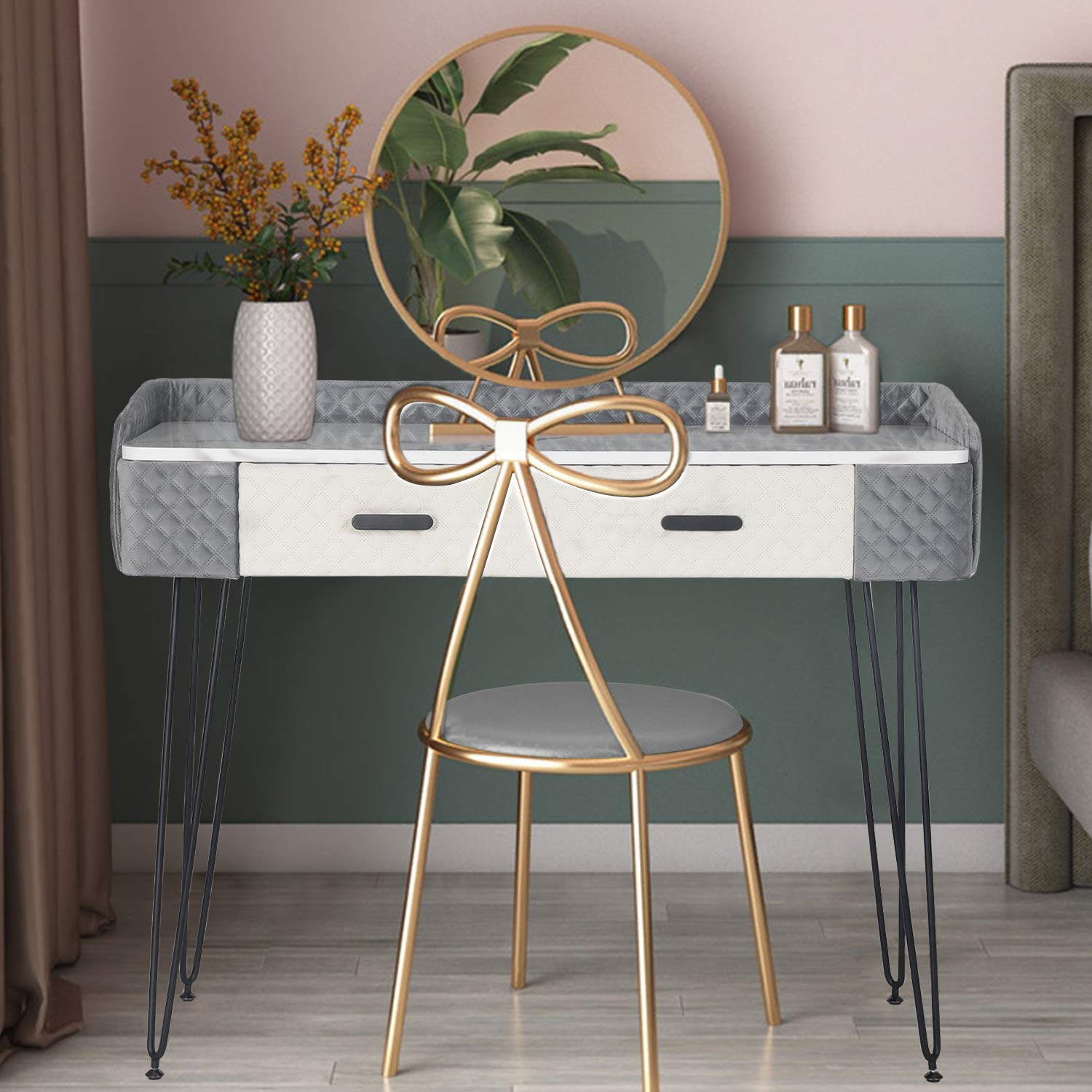 Homebeez Vanity Table with 2 Drawers & Storage Shelf - Wooden Makeup Dressing Table for Bedroom, Metal Legs in Gray | Perfect for Cosmetics Organization & Glam Room Decor