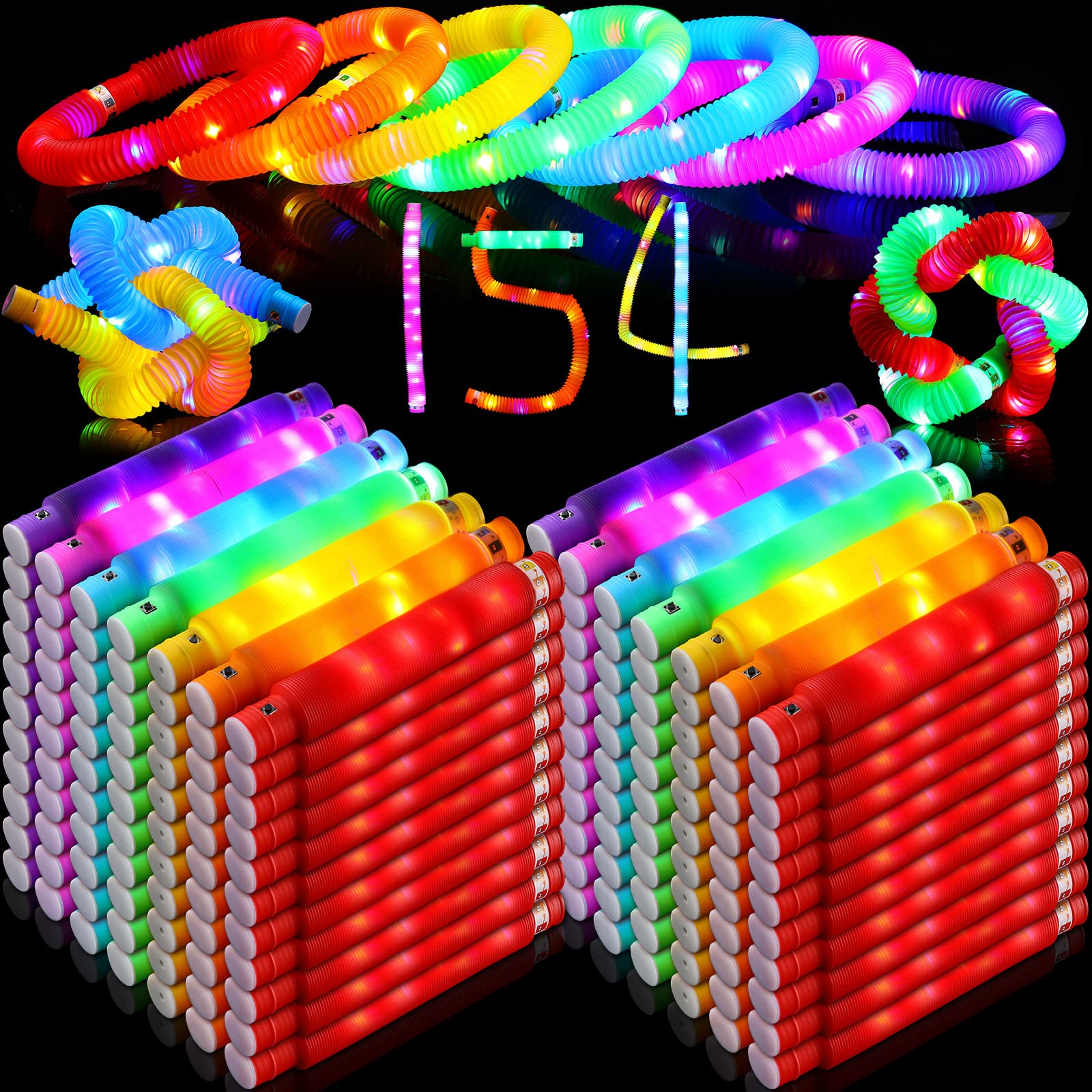 154 Pack LED Light Up Fidget Tubes - Glow in The Dark Sensory Toys for Stress Relief & Party Favors - Perfect for Birthday Goodie Bags, Classroom Prizes, Teen Party Supplies & Anxiety Relief Tools - Great for Night Parties, ADHD Focus Aids and Sensory Play Activities