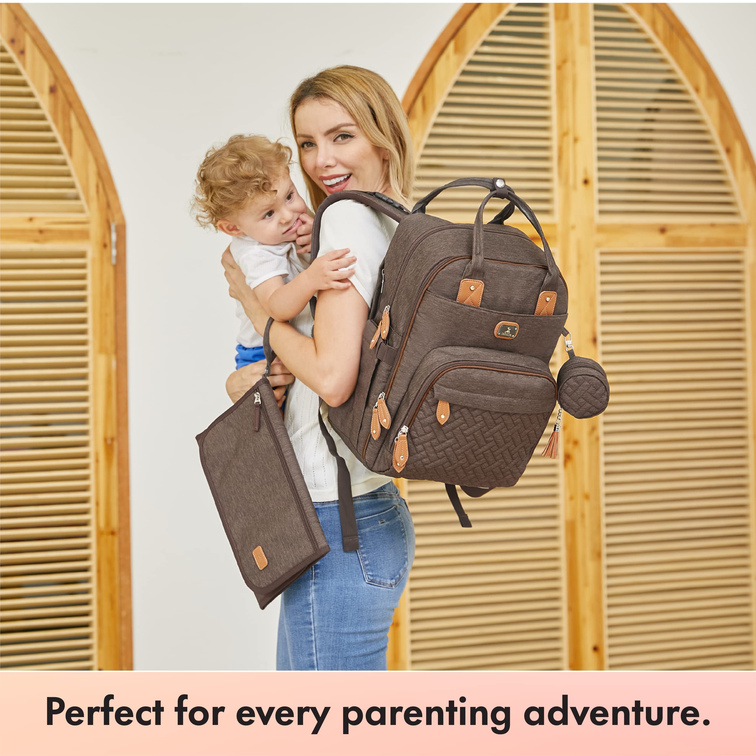 **Dikaslon Large Unisex Diaper Backpack with Changing Pad, Pacifier Case & Stroller Straps - Waterproof Baby Bag for Boys & Girls - Perfect for Travel, Daycare & Parenting On-The-Go (Brown)**