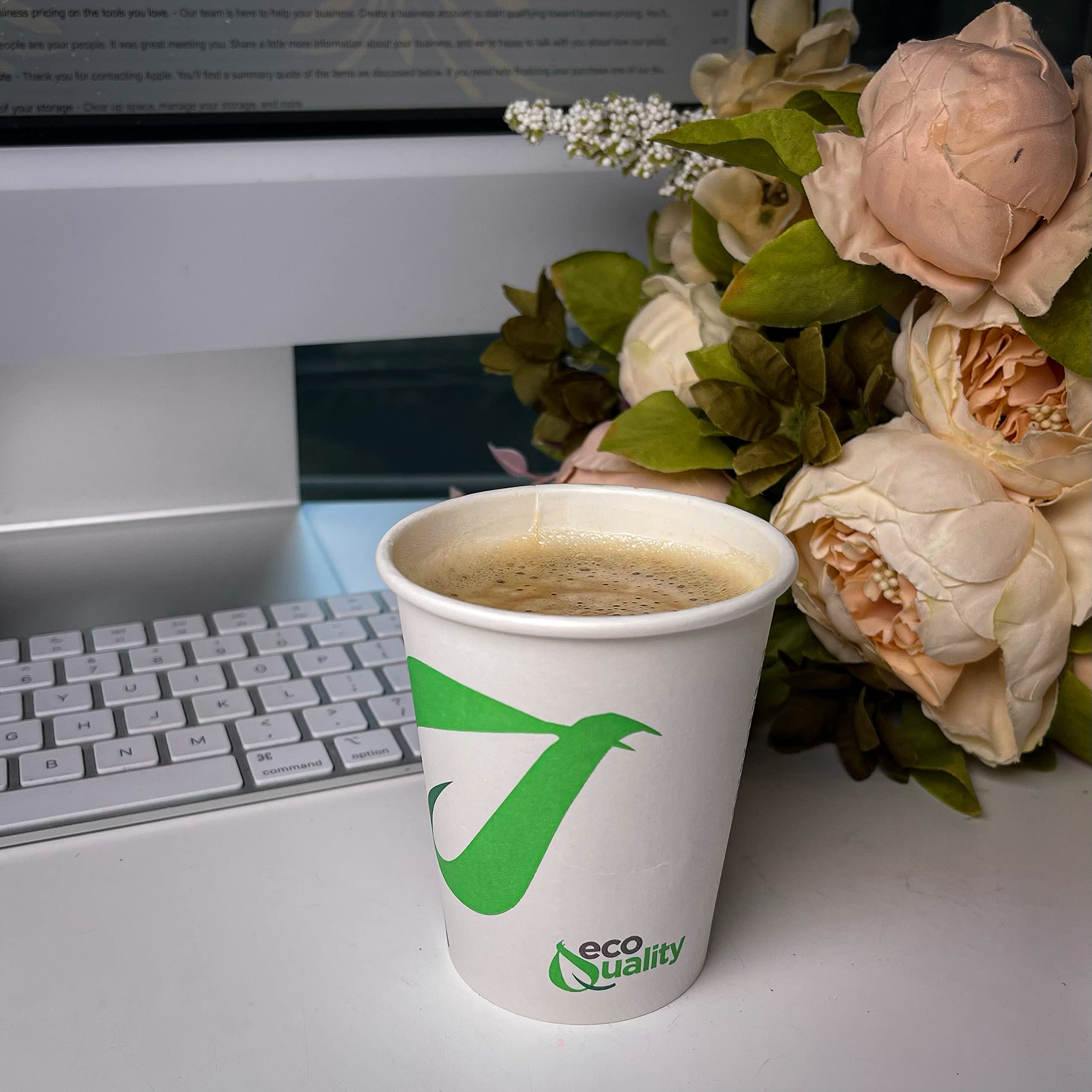 8 oz Compostable Paper Coffee Cups with White Flat Lids - Biodegradable PLA Lined Disposable Cups for Hot & Cold Drinks - Eco-Friendly Party, Office, or Cafe Use (400 Pack)