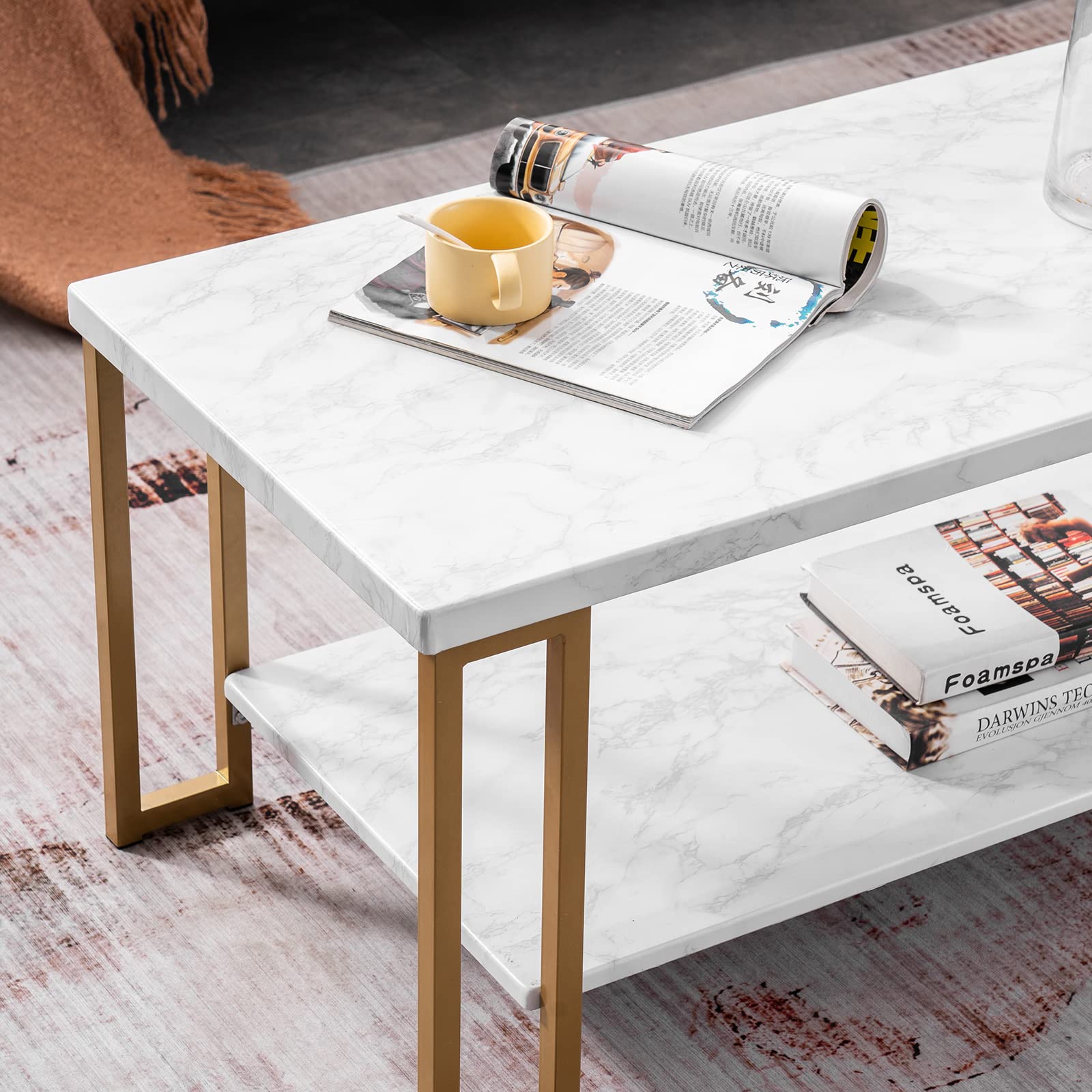 Modern Golden Iron Pipe & Marble PVC Coffee Table - 41.7