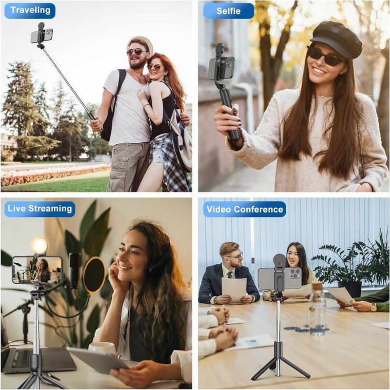 Extendable Selfie Stick Tripod with LED Light & Wireless Bluetooth Remote - Perfect for Travel, Vlogging, and Group Photos