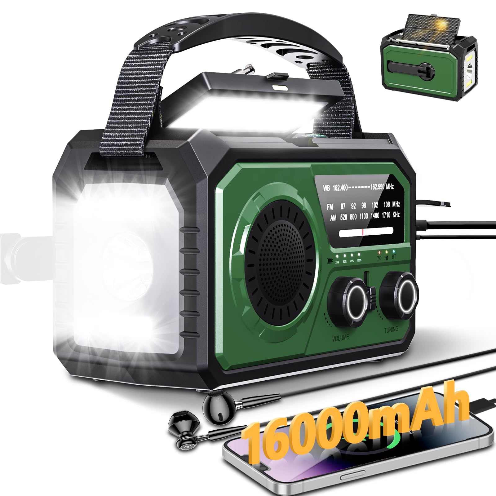 59200mWh Solar Emergency Radio - 16000mAh Portable NOAA Weather Radio with Hand Crank, USB Charger, SOS Alarm, Flashlight & Reading Lamp | Power Outage, Camping, Hiking, Hurricane Survival Kit & Outdoor Emergency Preparedness