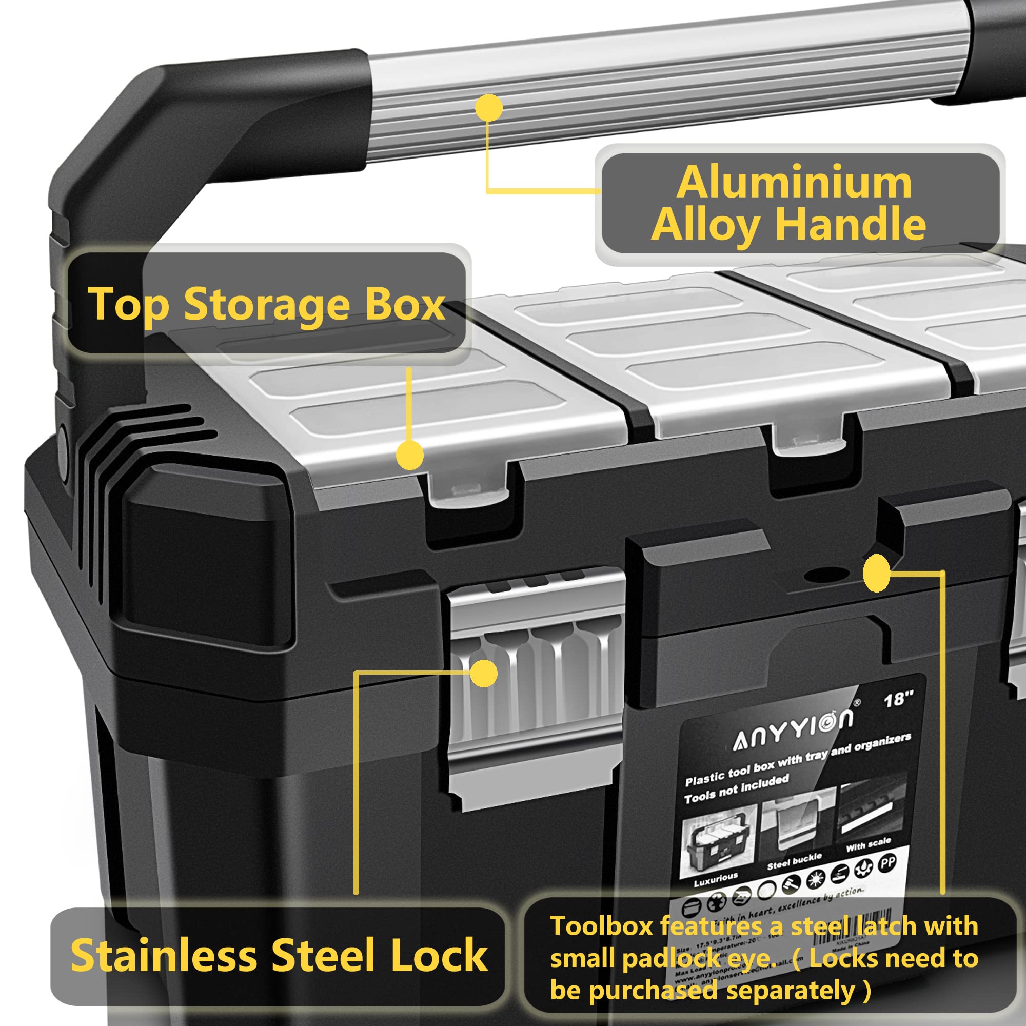 Anyyion 17-Inch Heavy Duty Tool Box with Removable Tray & Stainless Steel Dual Lock - Secure Small Parts Organizer with Rugged Metal Handle (17In) - Perfect for Workshop, Garage & DIY Projects