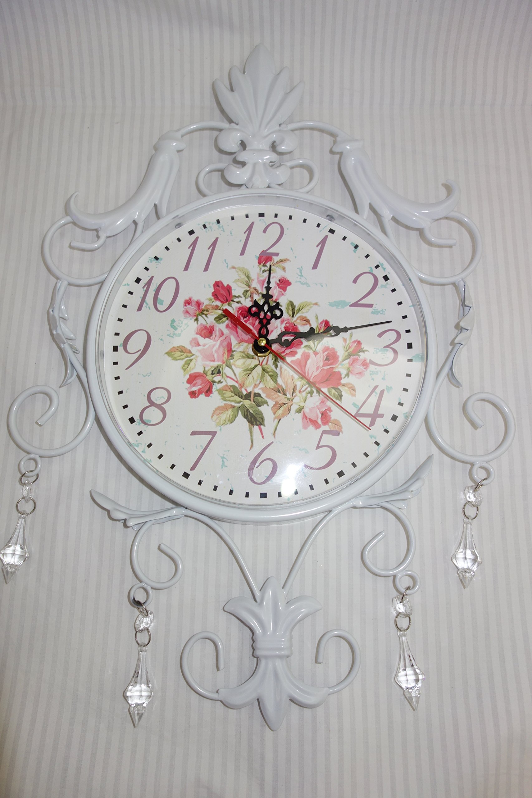 French Shabby Chic Metal Wall Clock with Crystal Beads for Home Decor