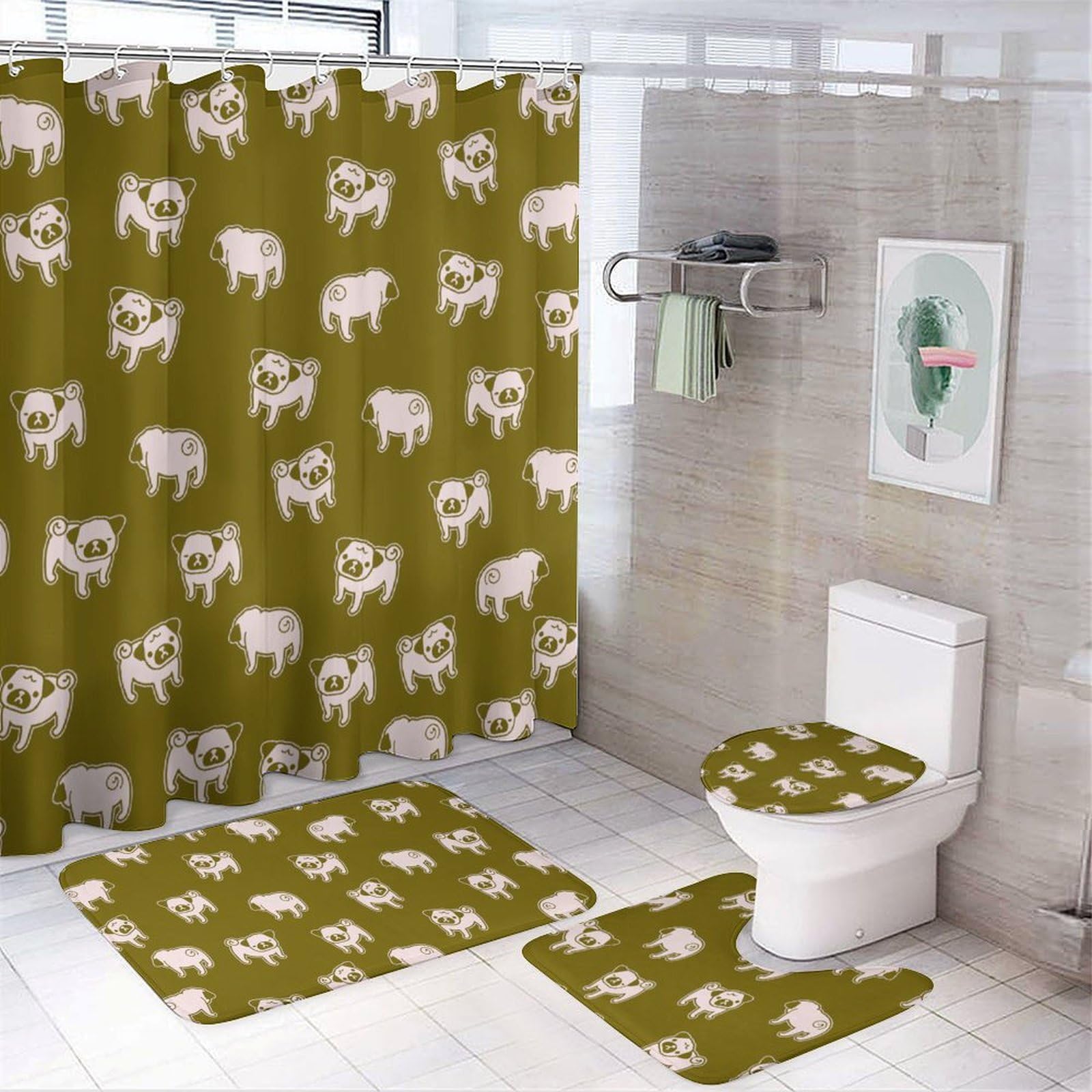 Pug Shower Curtain Set - 4PCS Bathroom Decor with Non-Slip Rug for Pet Lovers