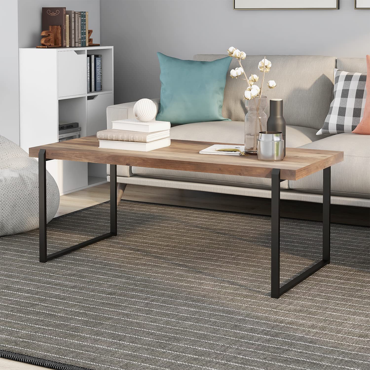 Rustic Wooden Coffee Table with Storage - Industrial Accent Center Table with Minimalist Walnut Wood Top & Metal Frame - Perfect for Small Spaces in Living Room, Bedroom, or Office