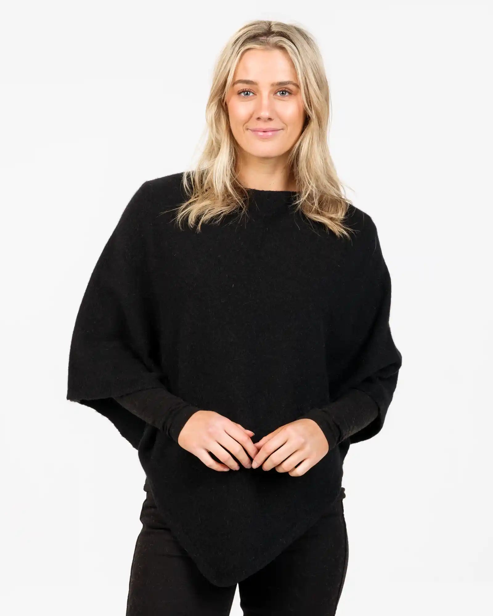 Stylish Black Women's Poncho Cape - Premium Possum Merino Wool Blend - Cozy Winter Outerwear for Casual & Outdoor Activities | NB698
