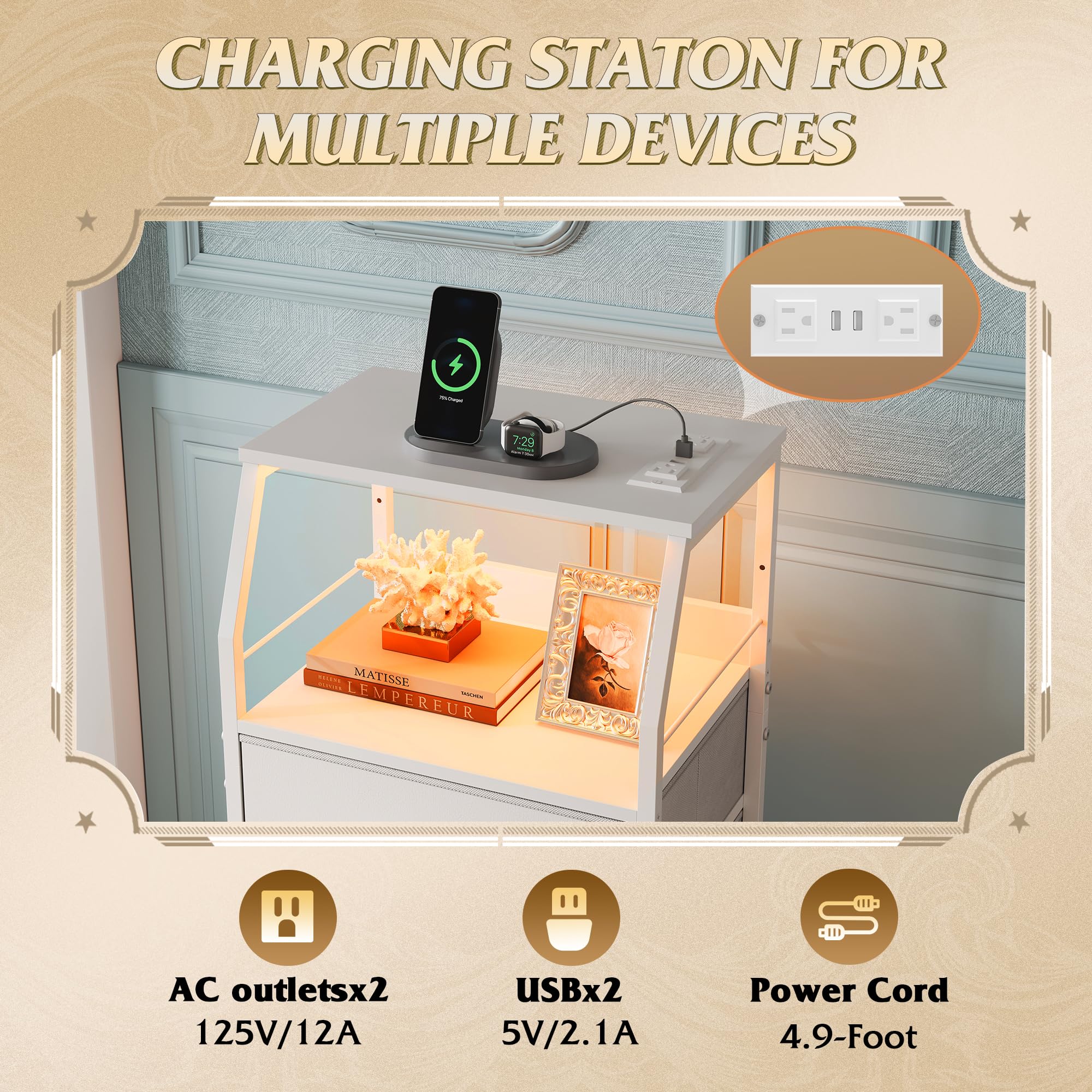 WLIVE White Night Stand with USB Charger Station, LED Light & 4 Storage Drawers - 37.48