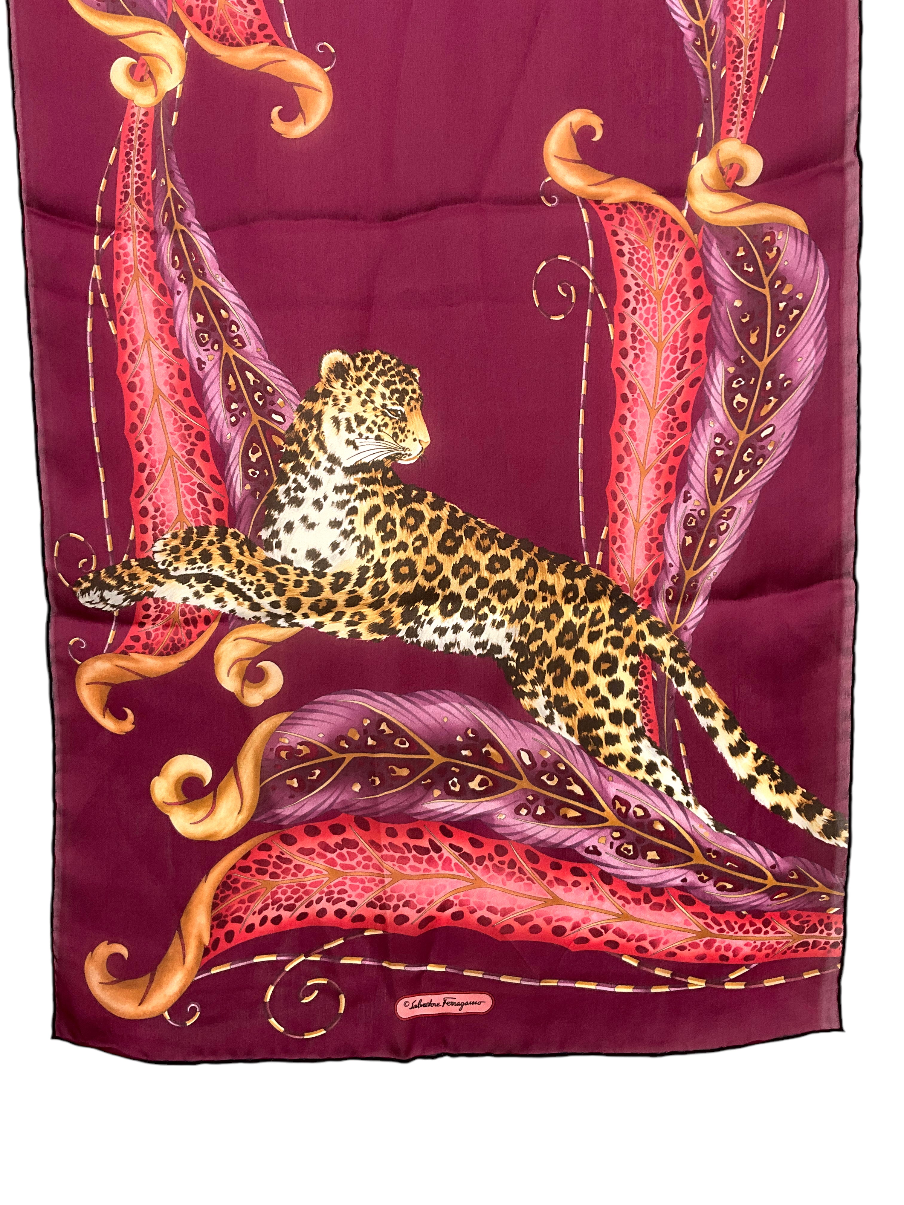 Salvatore Ferragamo Luxury Jaguar Print Sheer Silk Chiffon Scarf - Elegant Fashion Accessory for Women, Perfect for Parties, Weddings & Special Occasions