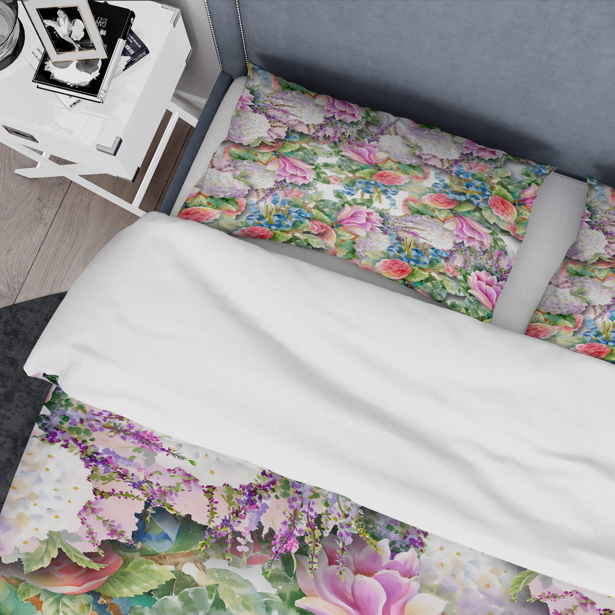 White Nautical & Coastal Duvet Cover Set Queen Size with Pink Floral Pattern - 3 Piece All Season Bedding Set | Perfect for Beach House, Coastal Decor & Master Bedroom