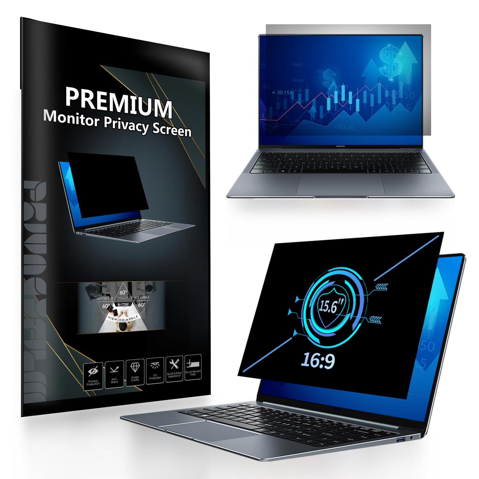 15.6 Inch Laptop Privacy Screen Protector - Anti Glare & Blue Light Filter, Removable 16:9 Privacy Shield Compatible with HP, Dell, Acer, ThinkPad, Samsung, Asus, Sony - Perfect for Office, Travel & Public Spaces
