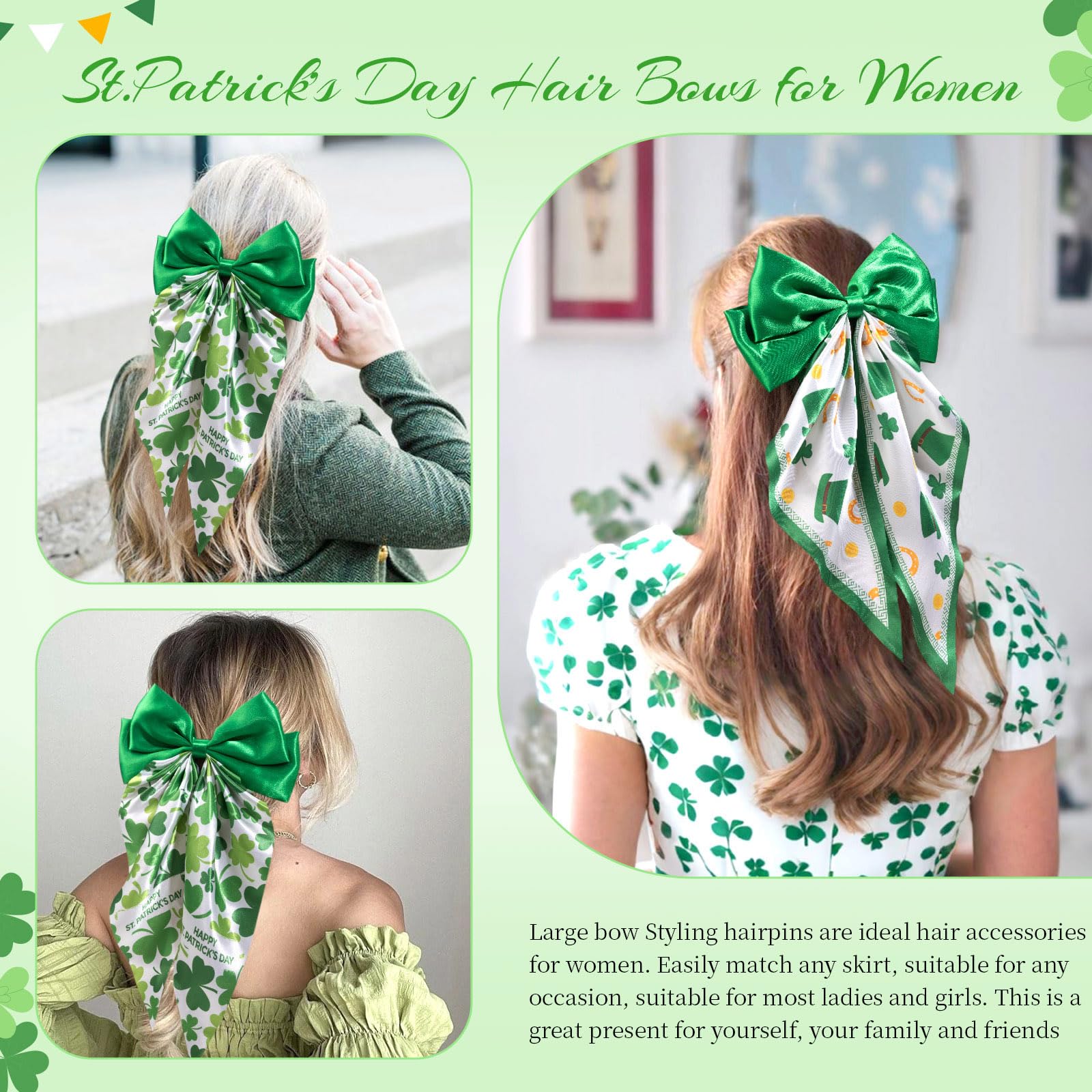 OAOLEER 2PCS St. Patrick's Day Hair Bows for Women & Girls - 8 Inch Green Satin Layered Hair Clips with Long Tail, French Style Hair Accessories for Parties, Weddings & Festive Events