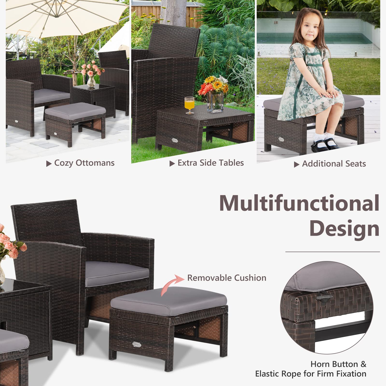 Tangkula 5-Piece Wicker Patio Furniture Set with Waterproof Cover - Outdoor Cushioned Chairs & Ottoman with Storage Coffee Table - Space-Saving Rattan Conversation Set for Garden, Poolside or Backyard Relaxation