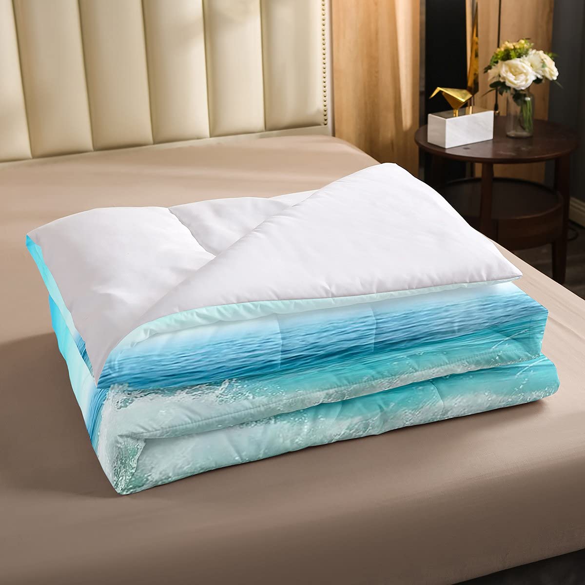 Coastal Ocean Beach Comforter Set - Blue Conch & Starfish Pattern Quilt with 2 Pillowcases (Queen Size) | Nautical Bedding for Beach House, Guest Room & Vacation Home Decor