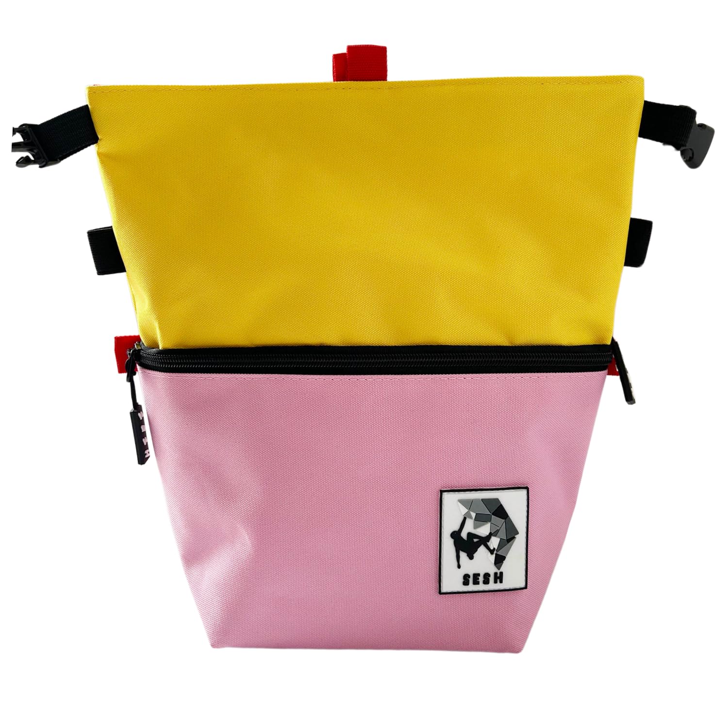 SESH Large Chalk Bucket for Climbing & Bouldering - Magnetic Closure Chalk Bag with 4 Brush Holders & 2 Mesh Side Pockets - Durable Chalk Organizer for Rock Climbing, Gym Training & Outdoor Sports