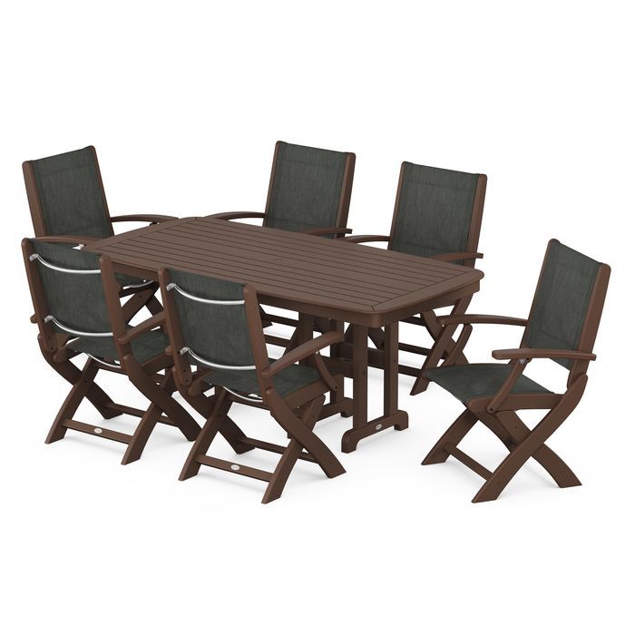 POLYWOOD Coastal Folding Arm Chair 7-Piece Outdoor Dining Set - Perfect for Patio, Deck, Poolside & Beachfront Entertaining