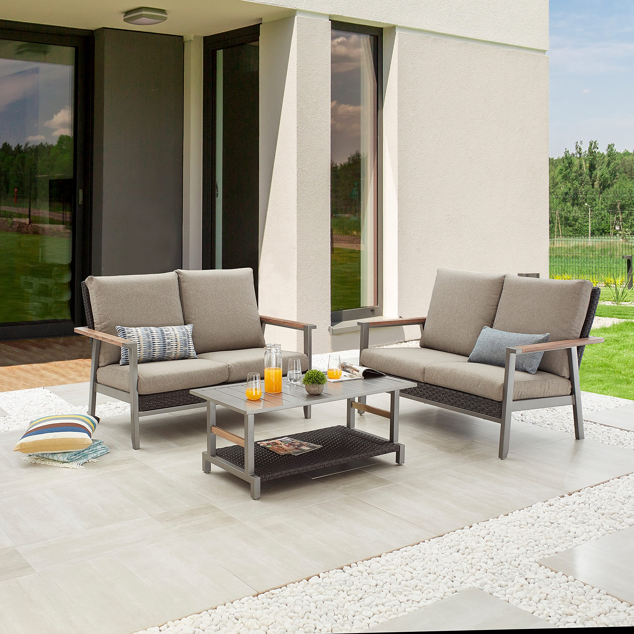LOKATSE HOME Outdoor Coffee Table - Rectangle Patio Bistro Dining Furniture with Wicker Rattan & 2-Shelf Storage - Grey - Perfect for Backyard, Garden, Poolside, and Balcony Relaxation