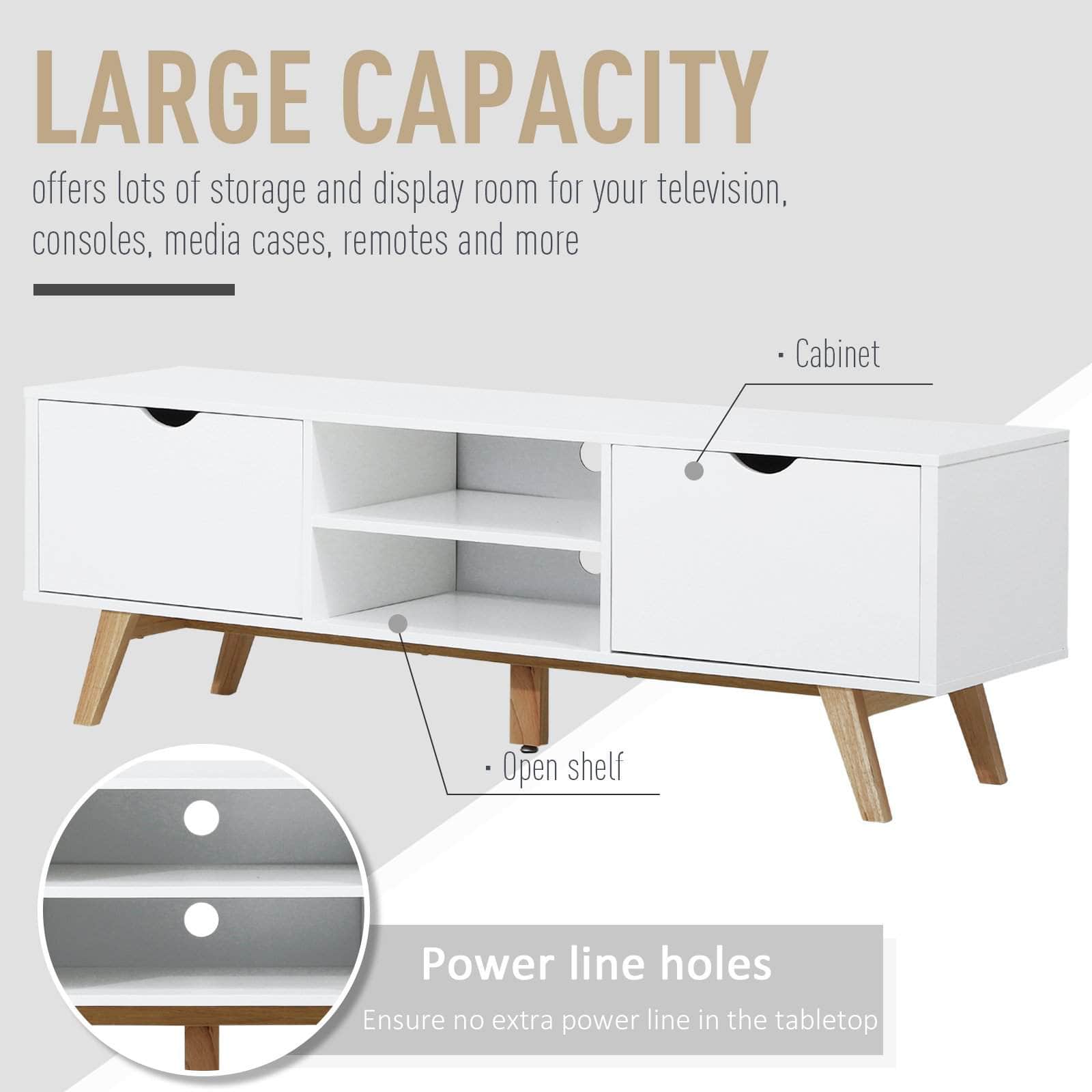 White TV Stand with 2 Cabinets & Shelves - Modern Entertainment Center for Living Room & Home Theater Setup