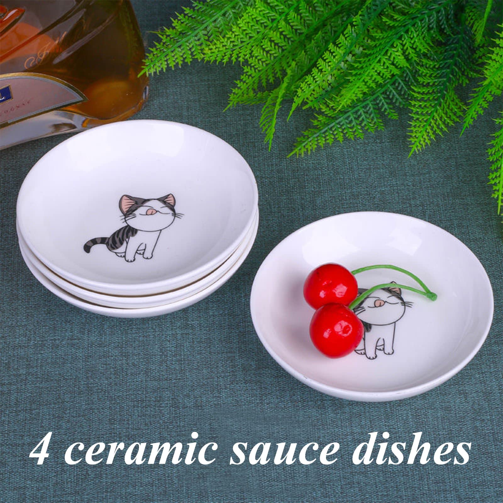 4-Pack Ceramic Cat Pattern Dipping Bowls - 4 Inch Small Sauce Dishes for Sushi, Soy Sauce, Snacks & Seasonings - Cute Porcelain Appetizer Plates for Parties, Home Dining & Japanese Cuisine