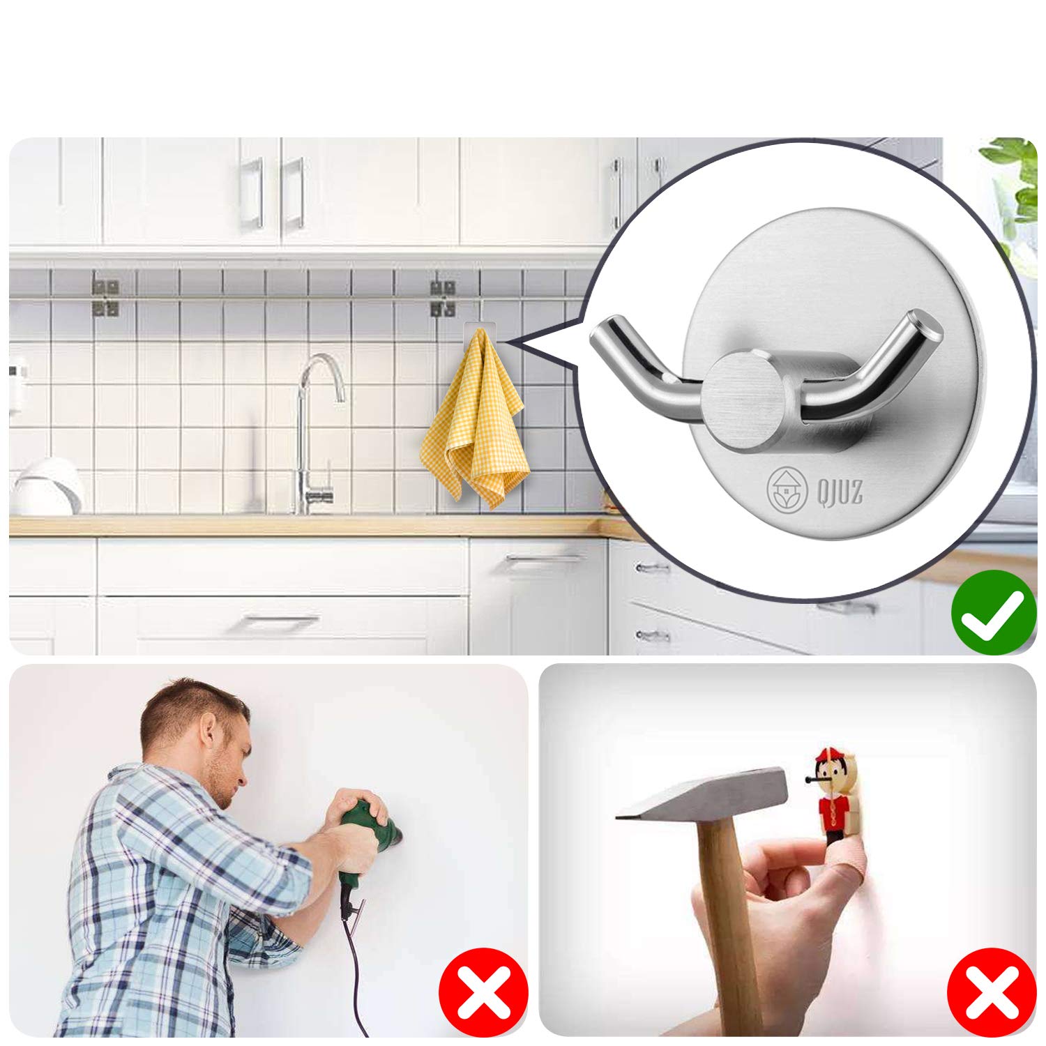 QJUZ Double Prong Adhesive Wall Hooks - Heavy Duty Stainless Steel Bathroom & Kitchen Organizer for Towels, Robes, Keys, Bags, Coats & Hats (4 Pack) - Perfect for Shower, Entryway & Closet Organization
