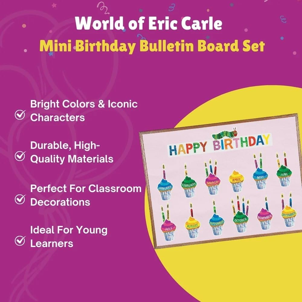 Eric Carle Birthday Mini Bulletin Board Set - 59-Piece Educational Classroom Decor for Preschool & Kindergarten - Perfect for Themed Parties & Learning Activities