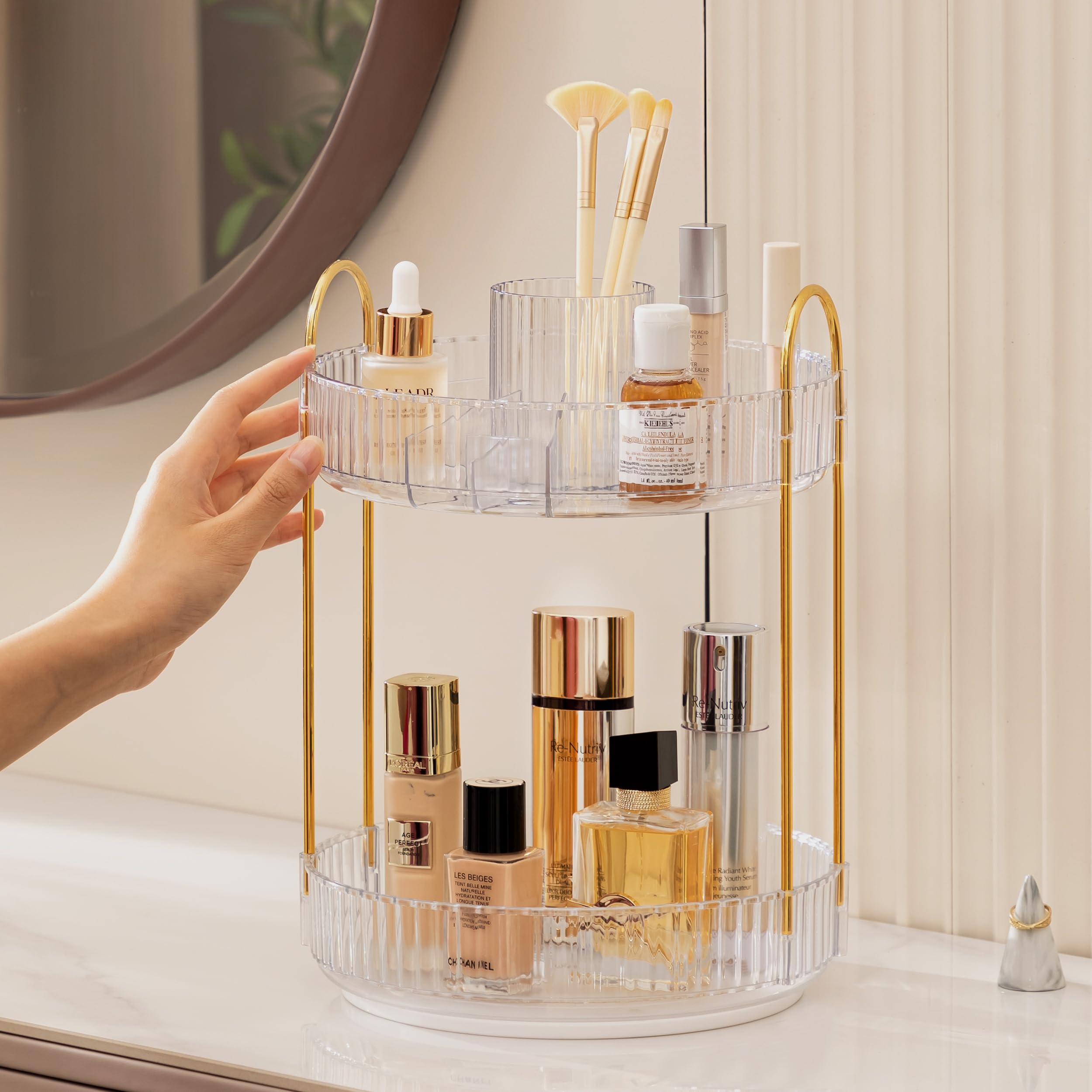 HBlife 360° Rotating Makeup Organizer - 2 Tier Large Capacity Cosmetic Storage for Perfume & Skincare | Clear Acrylic Vanity Organizer for Bathroom, Countertop & Dressing Table | Perfect for Makeup Lovers & Beauty Enthusiasts