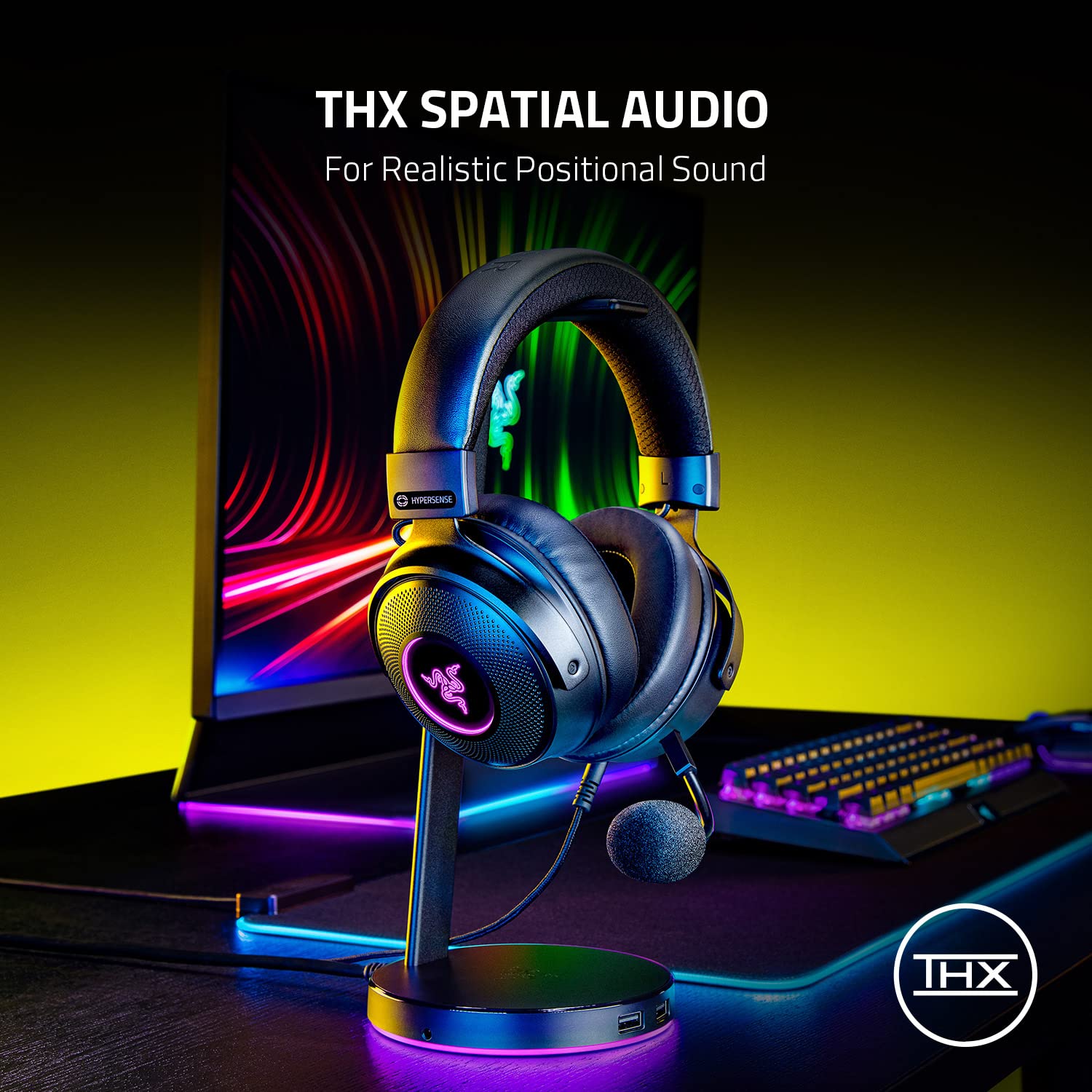 Razer Kraken V3 HyperSense Wired USB Gaming Headset with Haptic Feedback - 50mm Triforce Titanium Drivers & THX Spatial Audio - Memory Foam Ear Cushions (Hybrid Fabric/Leatherette) - Detachable Mic - Perfect for PC, PS5, Xbox Series X Gaming & Streaming