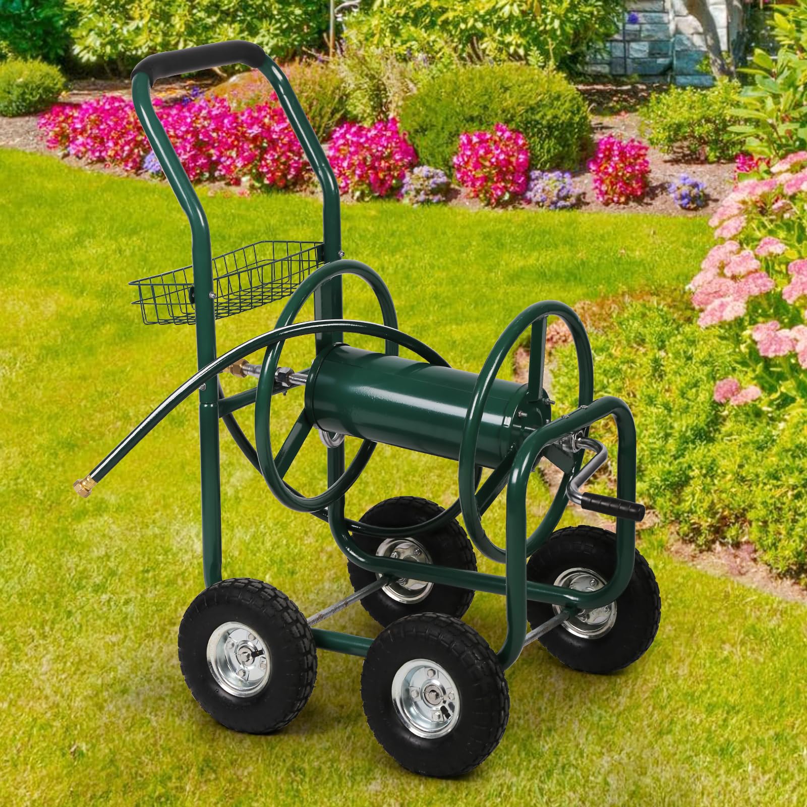Heavy Duty Portable Hose Reel Cart with 4 Wheels - 300ft Capacity for 5/8-Inch Garden Hose | Outdoor Yard, Lawn & Garden Watering Solution with Storage Basket | Perfect for Residential Landscaping, Farm Irrigation & Commercial Use