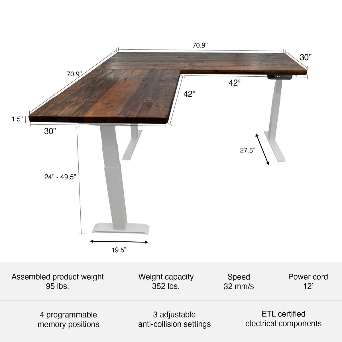 Reclaimed Wood Electric L-Shaped Corner Standing Desk with Easy Assembly Frame - White Frame & Natural Fir Top (71