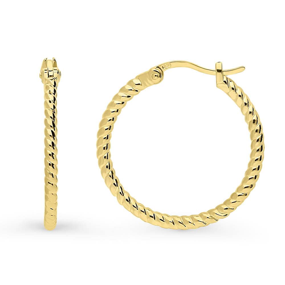 Sterling Silver Hoop Earrings for Women - 0.88 Inch Medium Cable Design, Yellow Gold Flashed & Rhodium Plated - Perfect for Everyday Wear, Office & Special Occasions