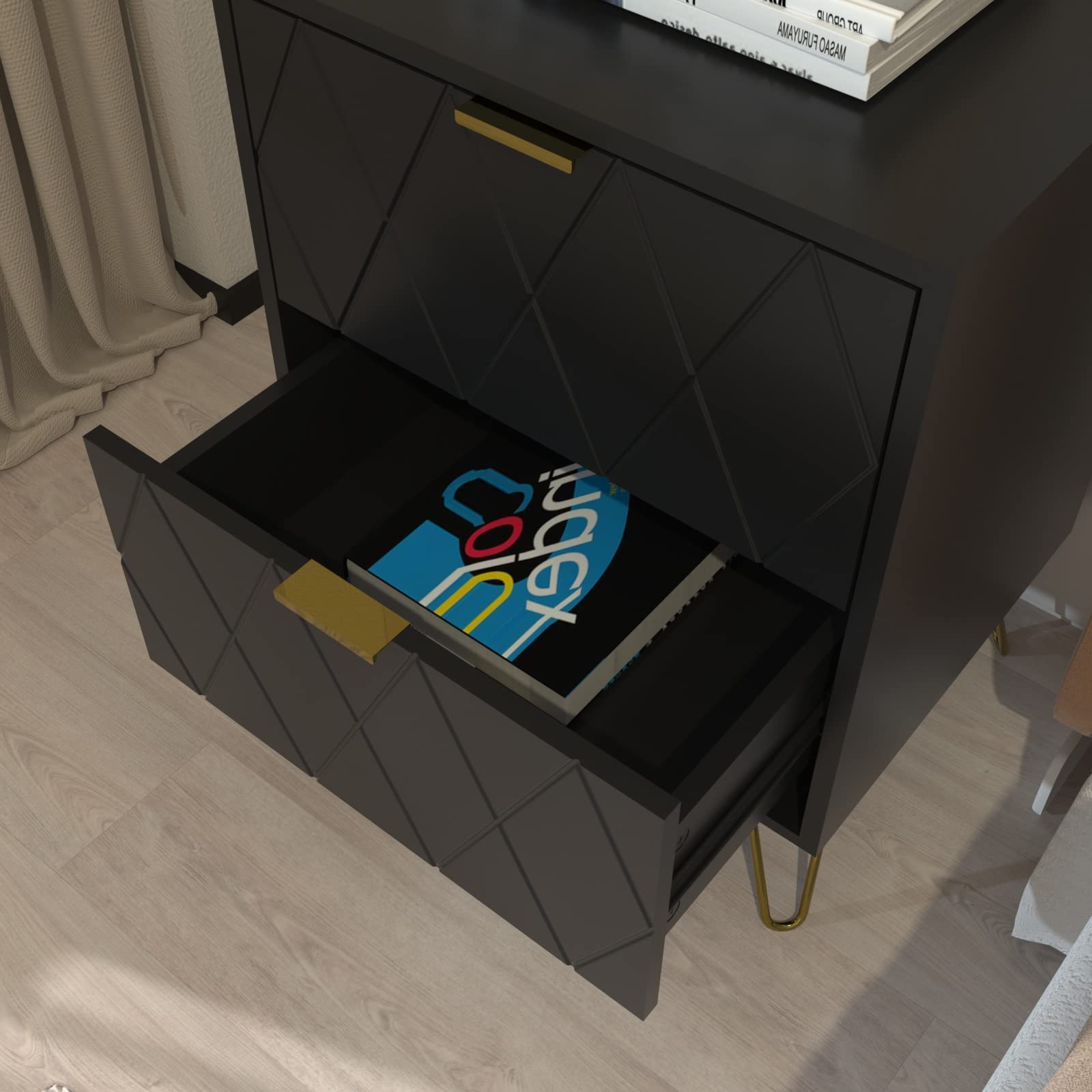 Anbuy Black Nightstand Set of 2 with Gold Handles - Modern Bedside Tables with 2 Drawers, Sturdy Gold Legs for Bedroom & Living Room - Perfect for Storing Books, Lamps & Bedroom Essentials