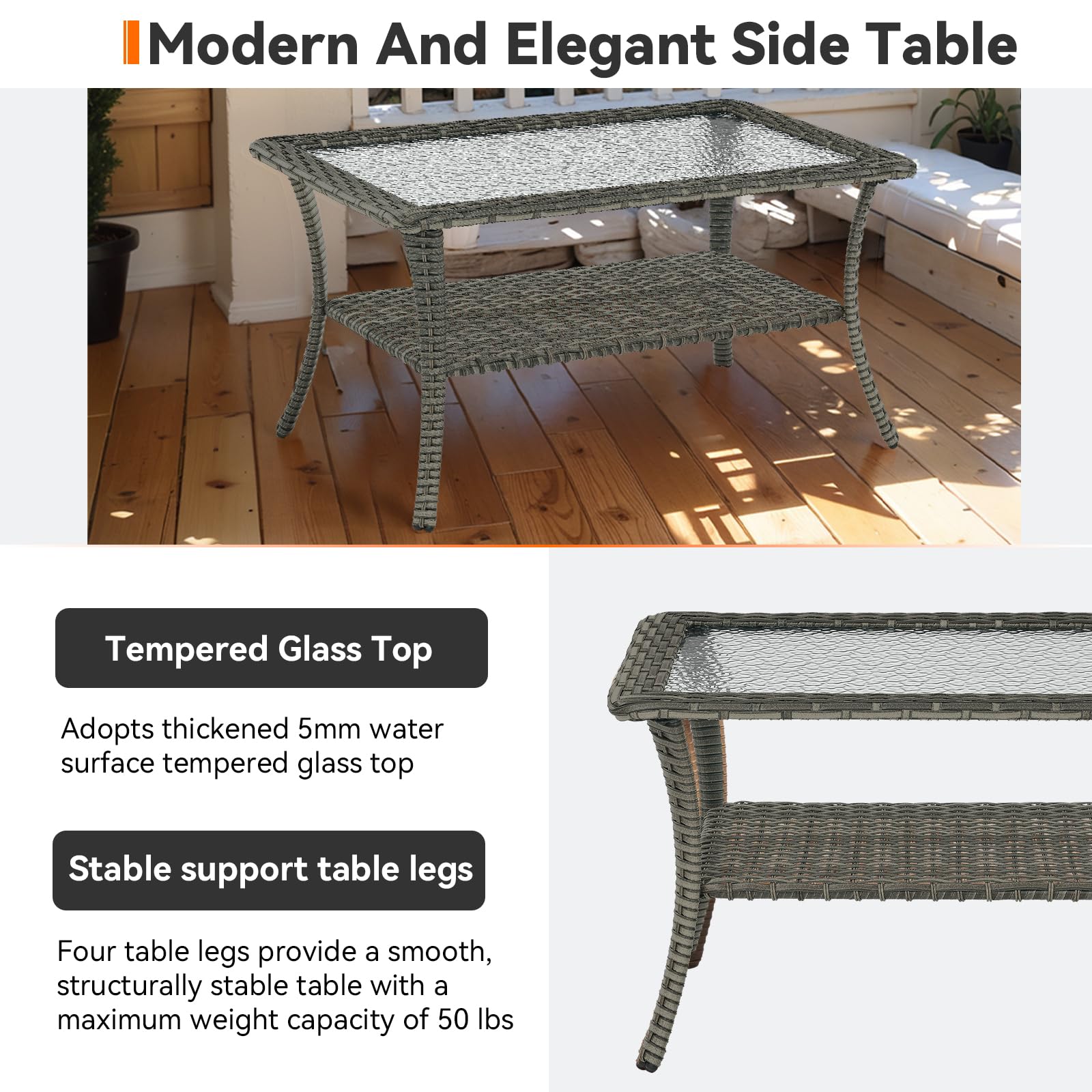 Outdoor Coffee Table - Rattan Wicker Patio Table with Tempered Glass Top & 2-Tier Storage - Weatherproof Furniture for Deck, Porch, Balcony, Garden - Grey - Perfect for Outdoor Relaxation & Entertaining