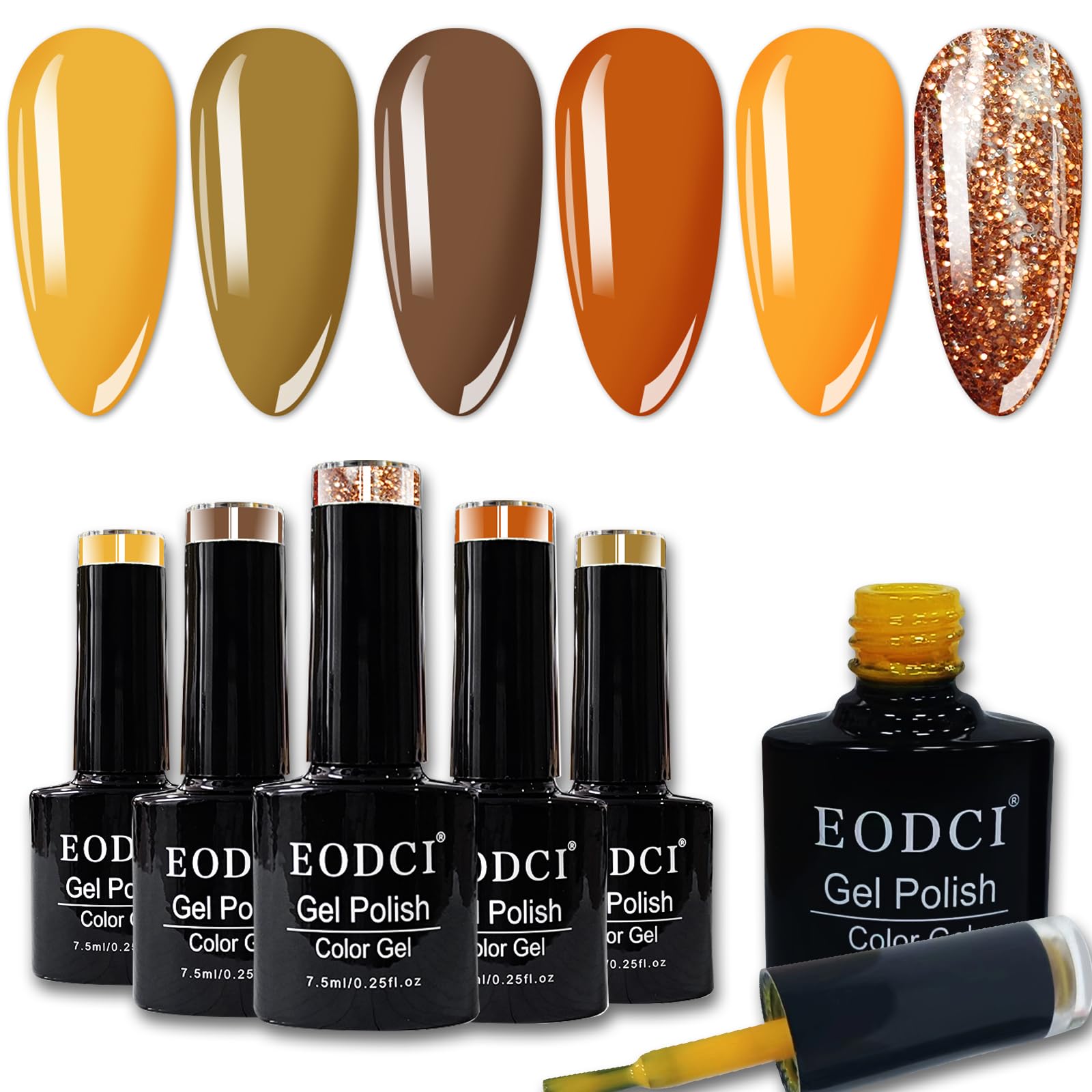 6 Colors Fall Gel Nail Polish Set - Orange, Yellow, Brown & Gold Glitter Soak Off LED Gel Kit | Holiday Manicure & Nail Art Supplies for Home Salon & Party Looks