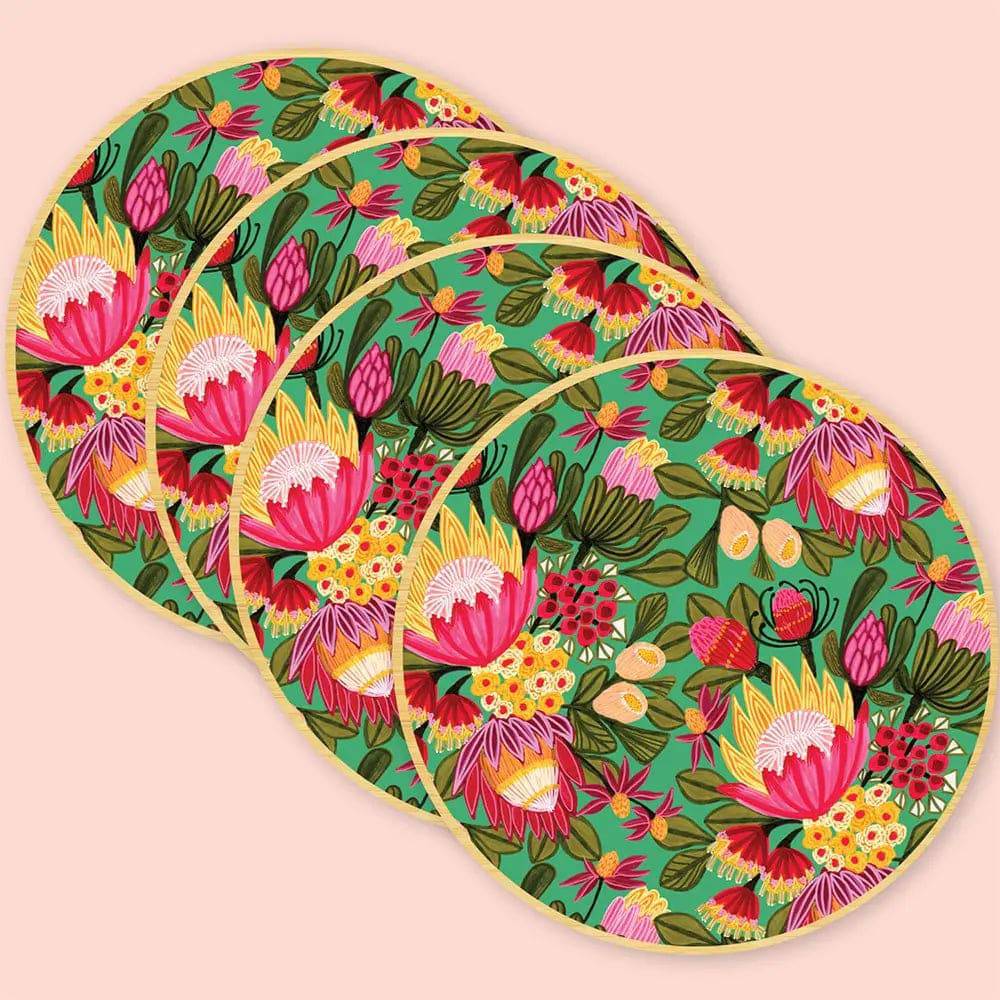 Festive Protea Flowers Australian Wooden Coaster Set - 4-Piece Handmade Wood Drink Coasters for Home Decor, Kitchen, Dining Table & Bar - Perfect for Christmas, Weddings & Housewarming Gifts