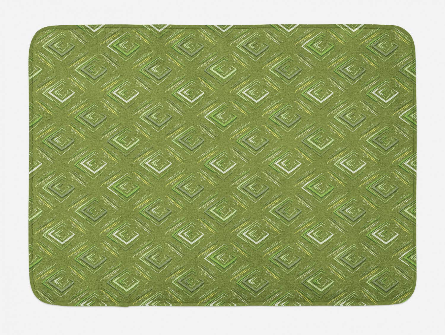 Ambesonne Non-Slip Olive Green Bath Mat - Grunge Geometric Pattern Square Diagonal Abstract Rhombus Design - Plush Soft Bathroom Rug 30