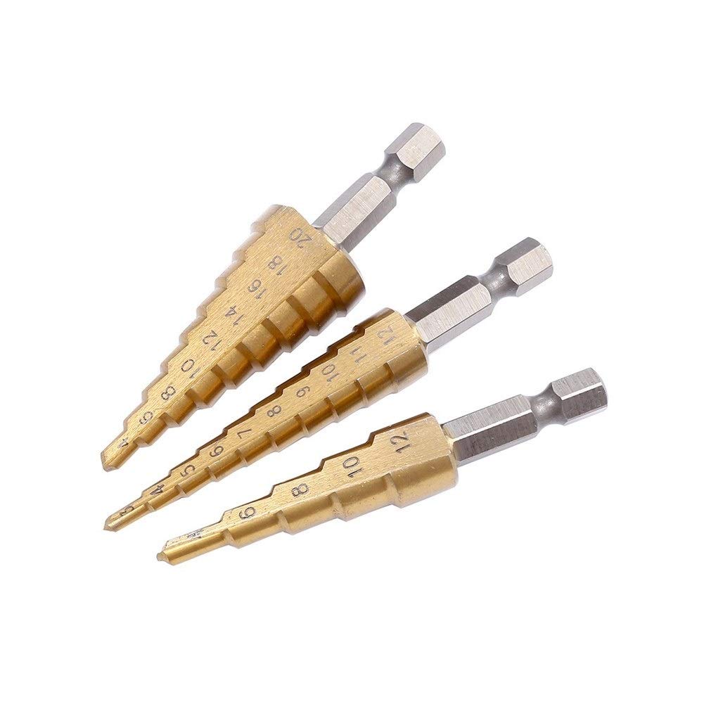 HSS Titanium-Coated Step Drill Bit Set (4-12mm, 4-20mm, 4-32mm) - High Speed Steel Cone Drill for Metal & Woodworking - Hex Shank Power Tool for Drilling, Milling & Hole Cutting - Perfect for DIY Projects, Metal Fabrication & Wood Crafts