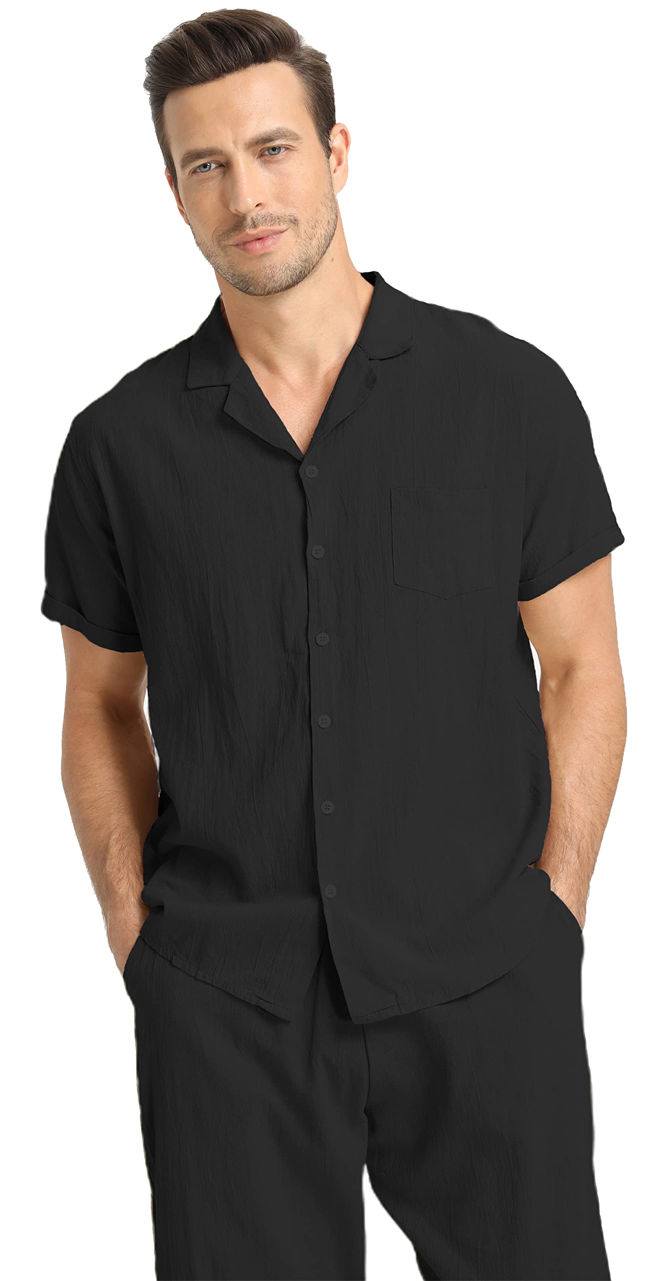 RPOVIG Men's Linen Shirt & Pants Set - 2 Piece Breathable Short Sleeve Shirt with Yoga Pants for Beach, Wedding & Casual Outfits | Summer Comfort Wear for Vacation & Relaxation